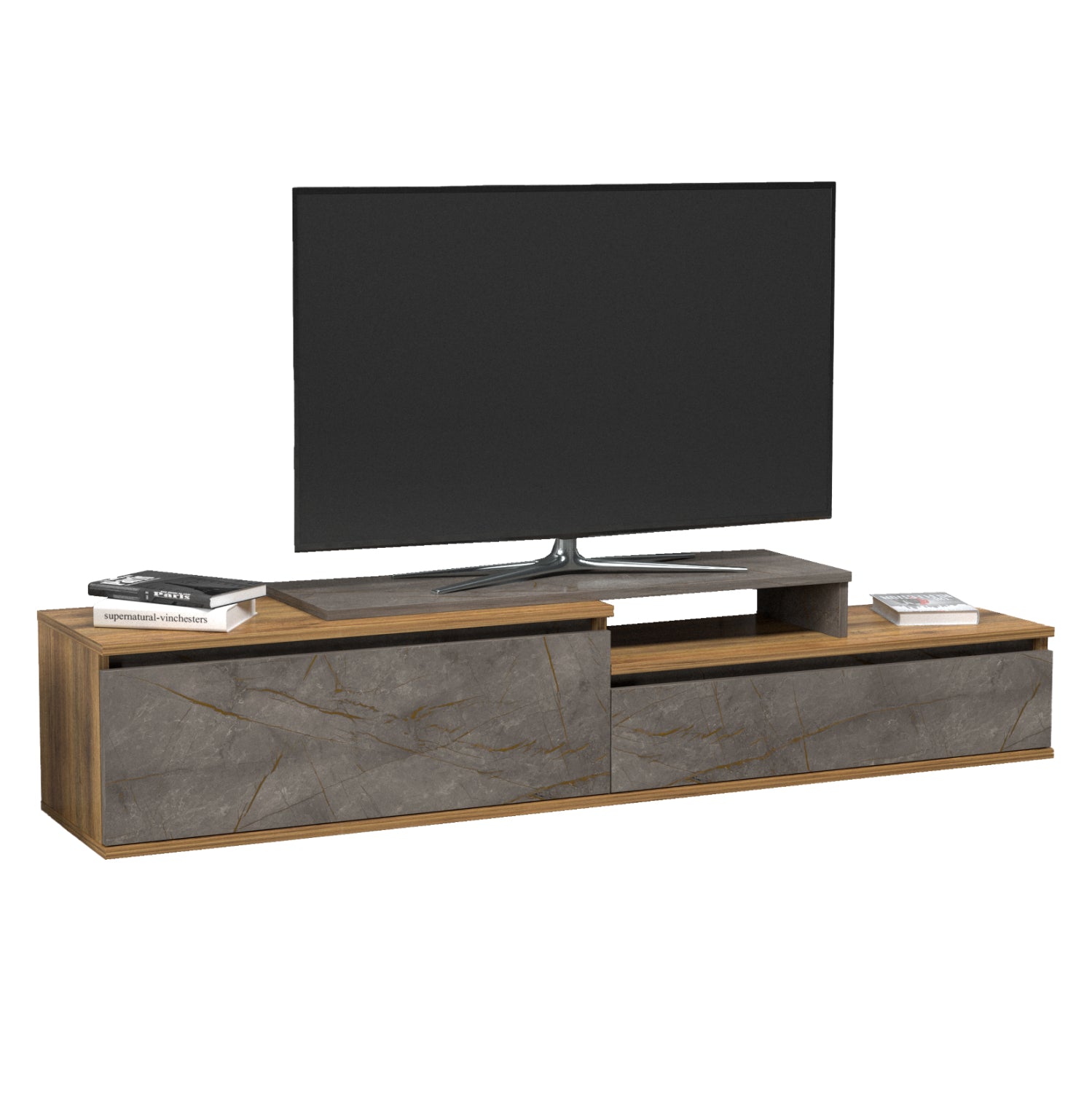 ТВ МЕБЕЛ LEIS МЕЛАМИН ЕСТЕСТВЕН & СИВ МРАМОРЕН ЦВЯТ 180x35x42Hсм.