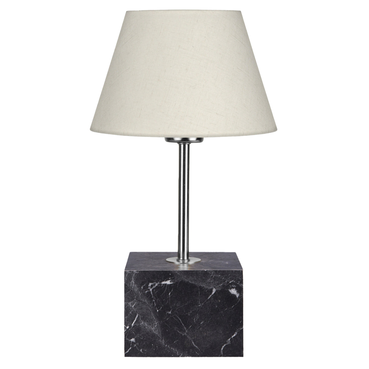 Настолна лампа кубична основа сребрист стълб, екрю абажур 13x13x43Hcm