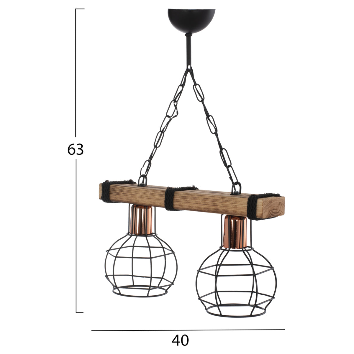 ПЛАФОНЕН ПОЛИЛЕЙ 2-ЛУЧЕВ С ДЪРВО И МЕТАЛНИ РЕШЕТКИ 40x16x63Hcm.