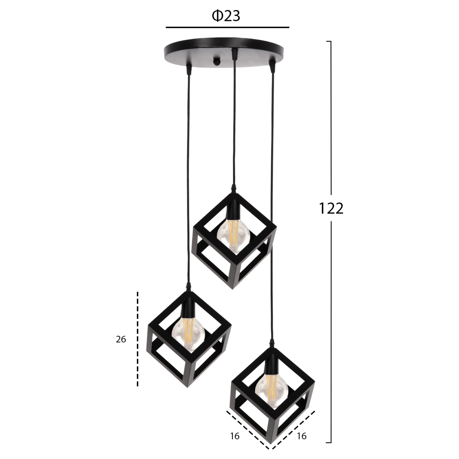 Пендел за таван 3 куба черен метал Φ23x122Hсм.