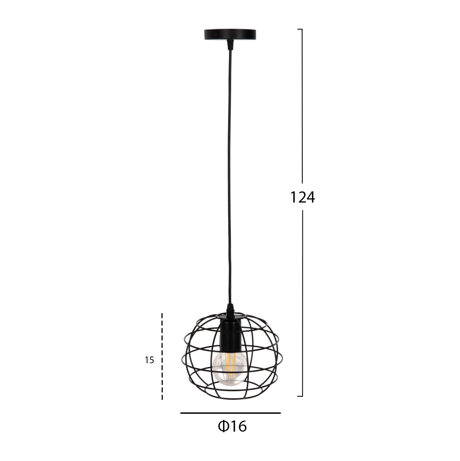 Пендел за таван черна метална сфера Φ16x124Hсм.