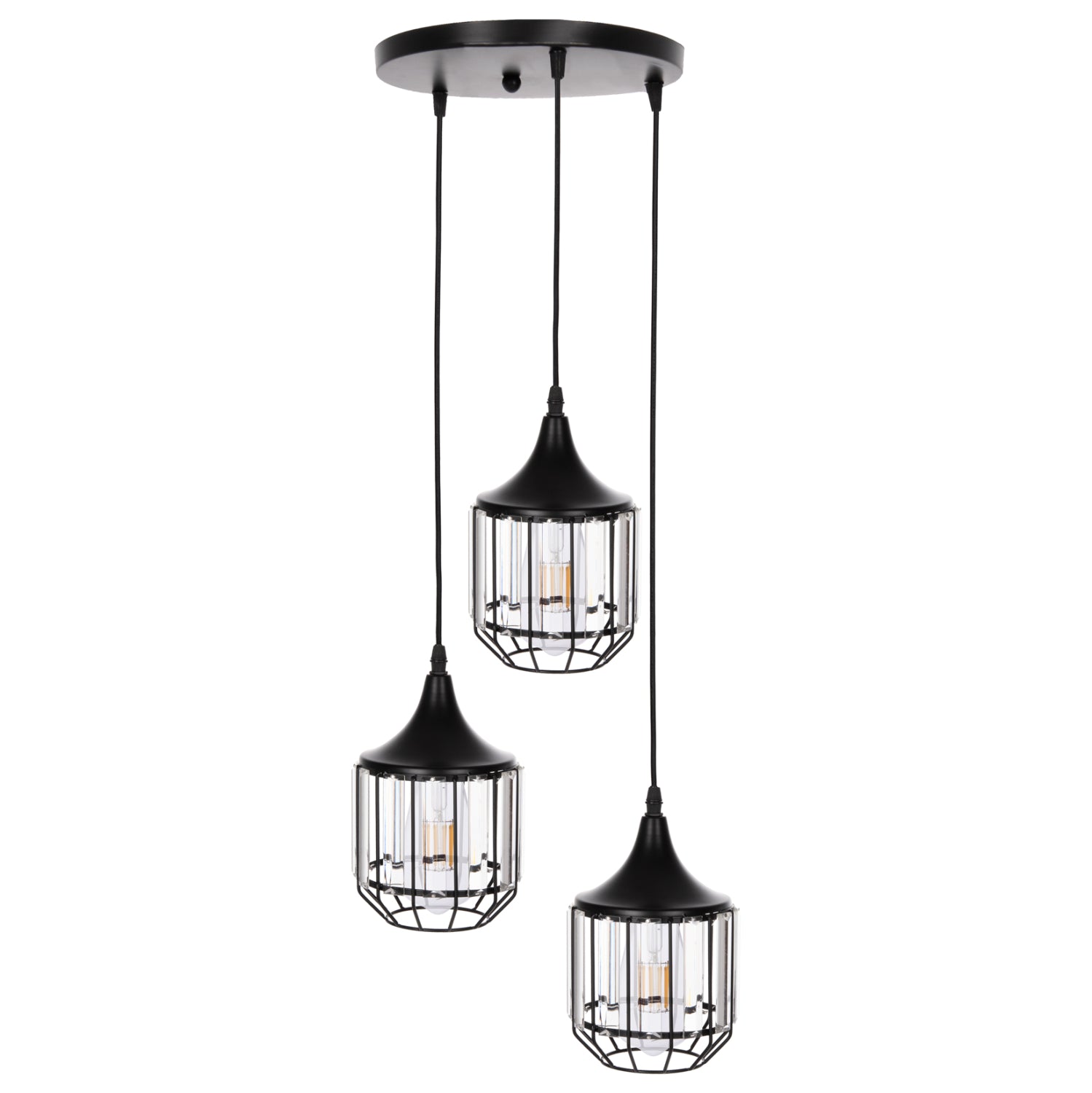 Пендел за таван 3-лампов черен метал-стъкло Φ14x123Hcm.