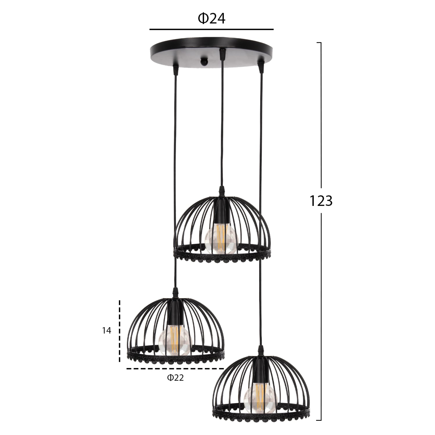 Пендел за таван 3-лампов черен метал с капаци като чадъри Φ22x123Hcm.