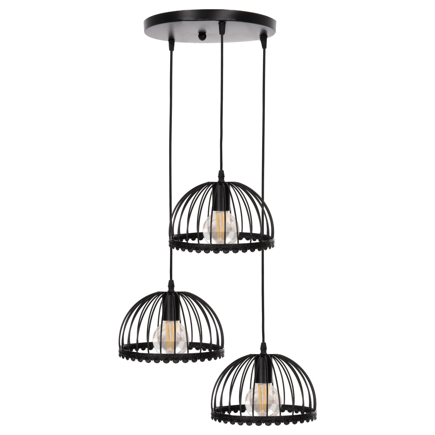 Пендел за таван 3-лампов черен метал с капаци като чадъри Φ22x123Hcm.