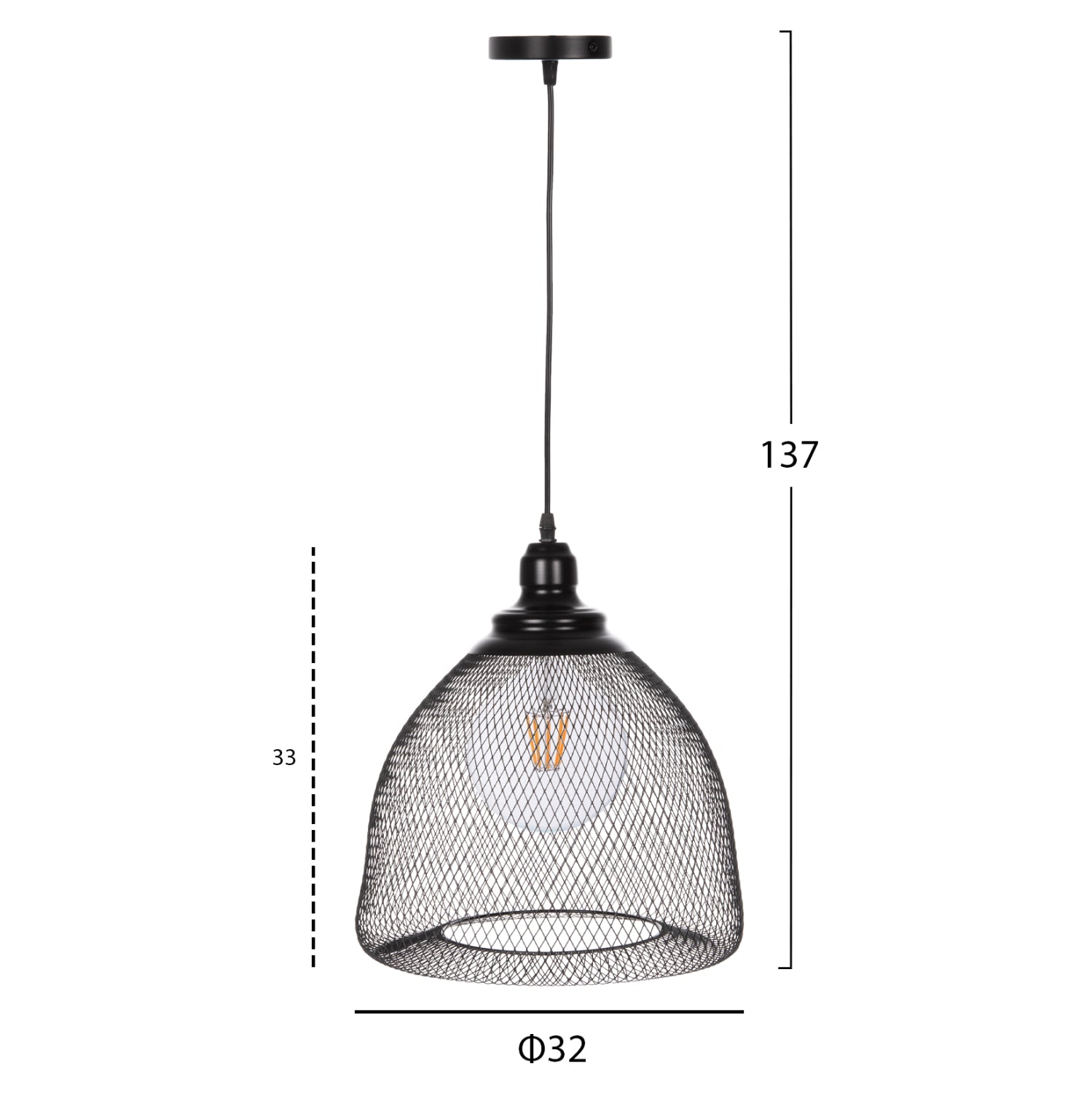 Пендел за таван черен метален мрежест капак във форма на камбана Φ32x137Hcm.
