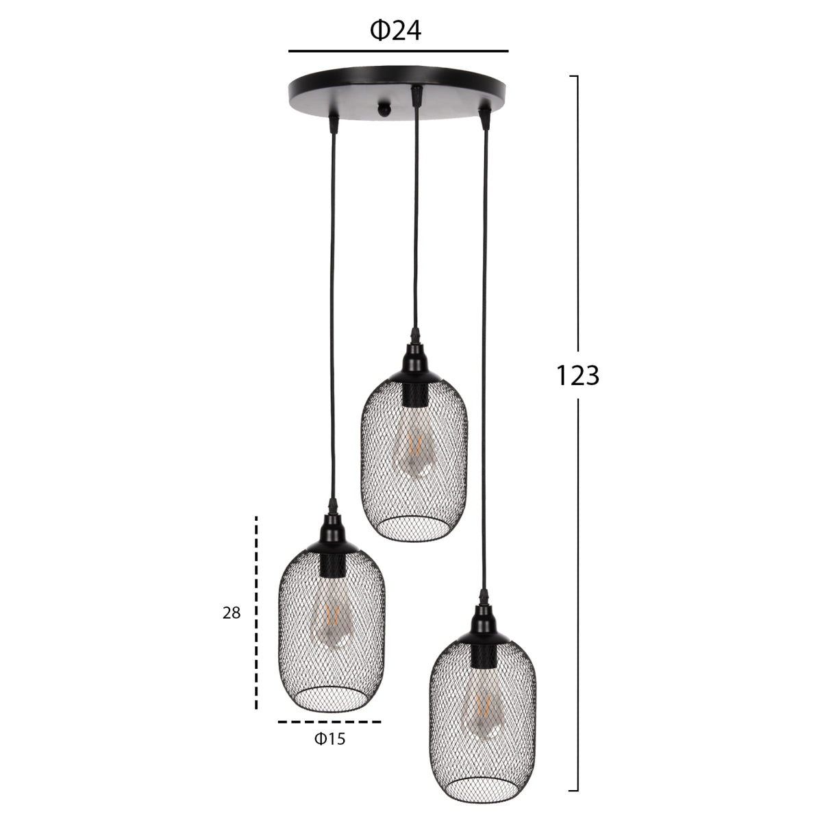 Пендел за таван 3-лампов черен метал с мрежести капаци Φ24x123Hcm.