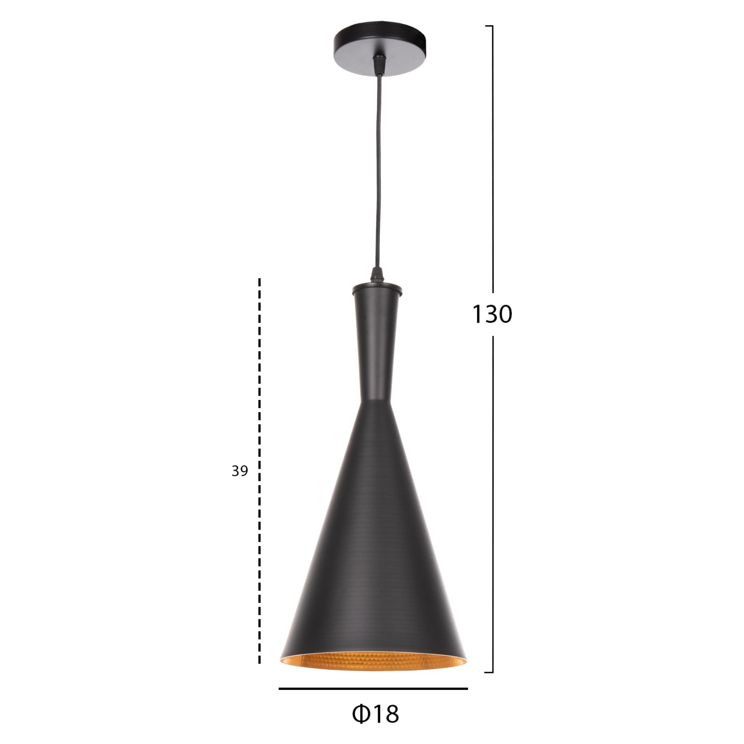 Пенделна лампа за таван черен алуминиев абажур Φ18x130Hсм.