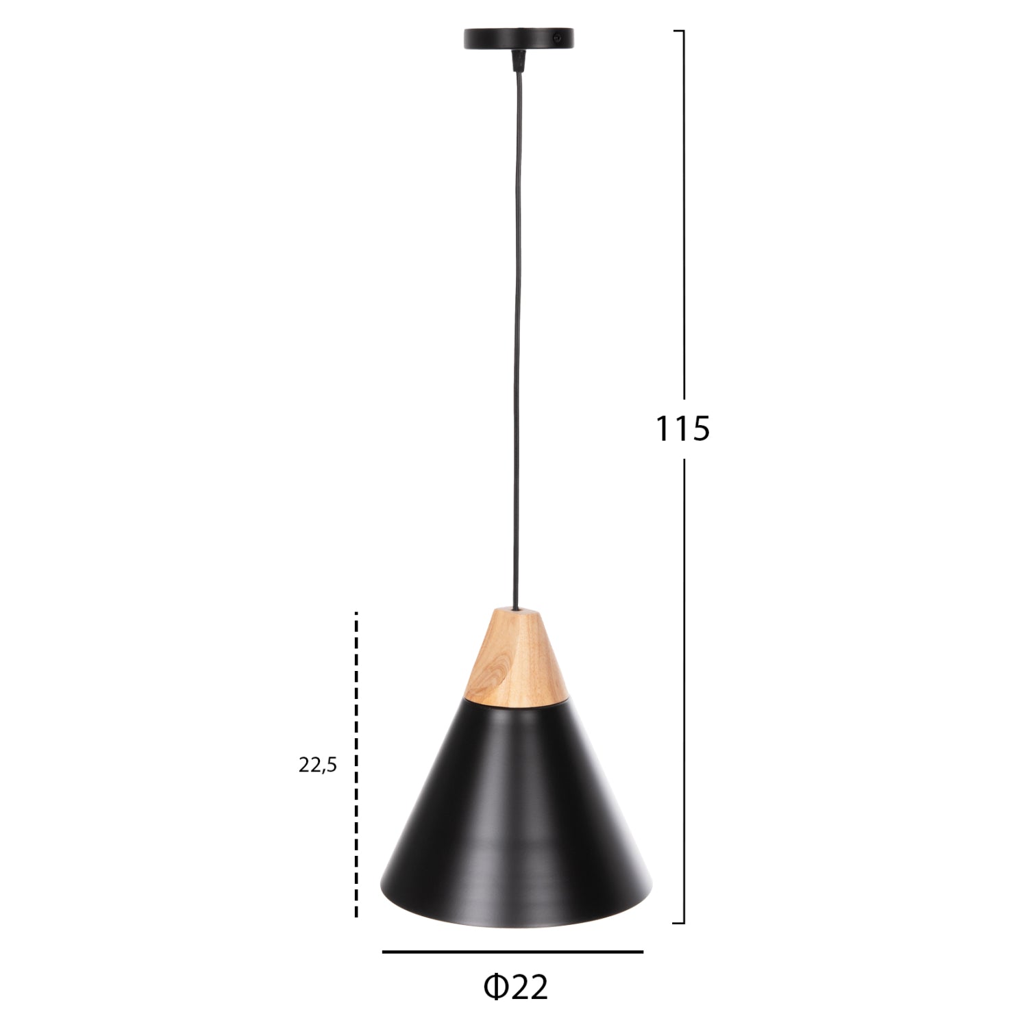 Пендел черен метален абажур с дървени детайли Φ22x115Hcm.