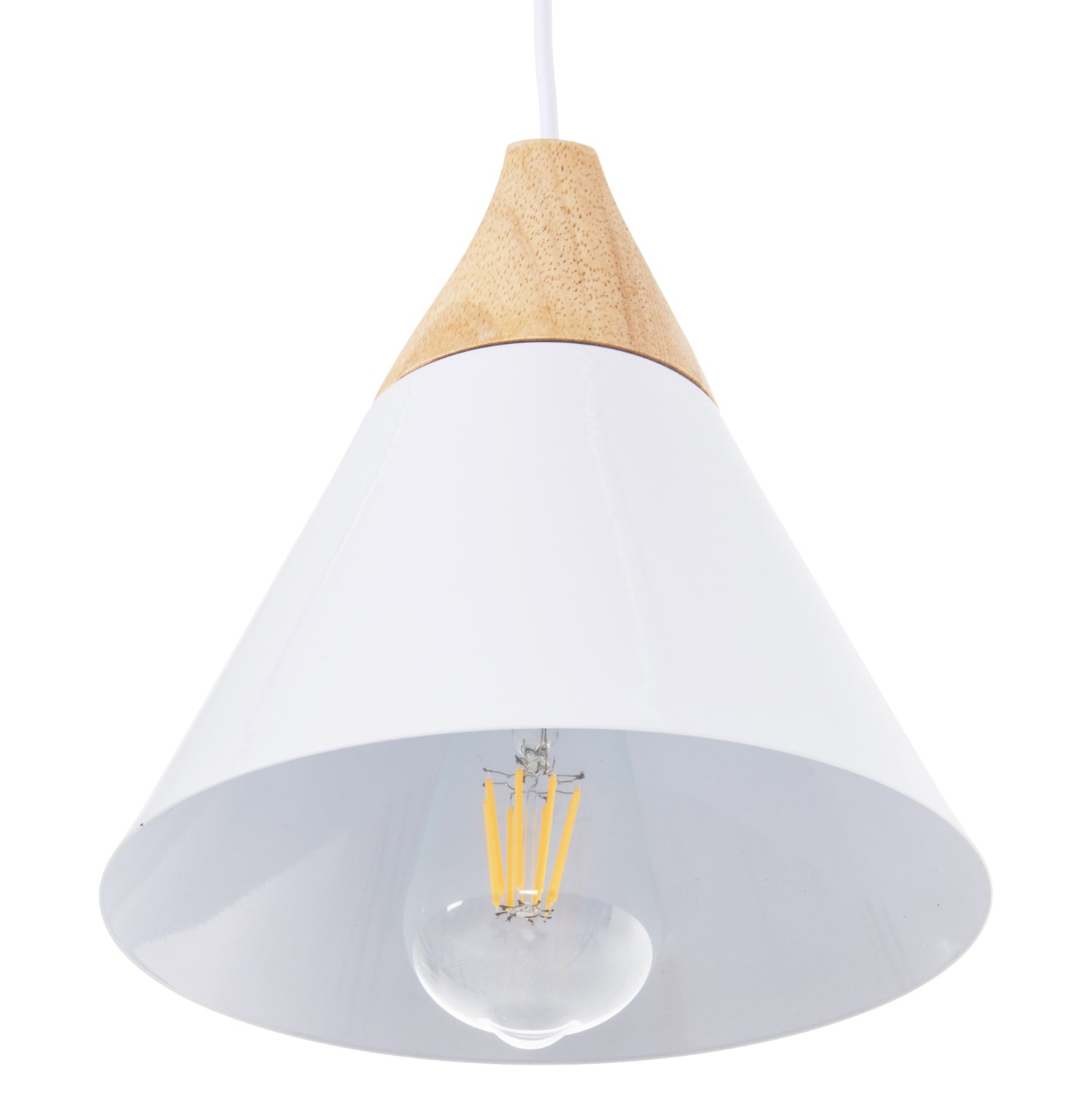 Пендел бял метален абажур с дървени детайли Φ22x115Hcm.