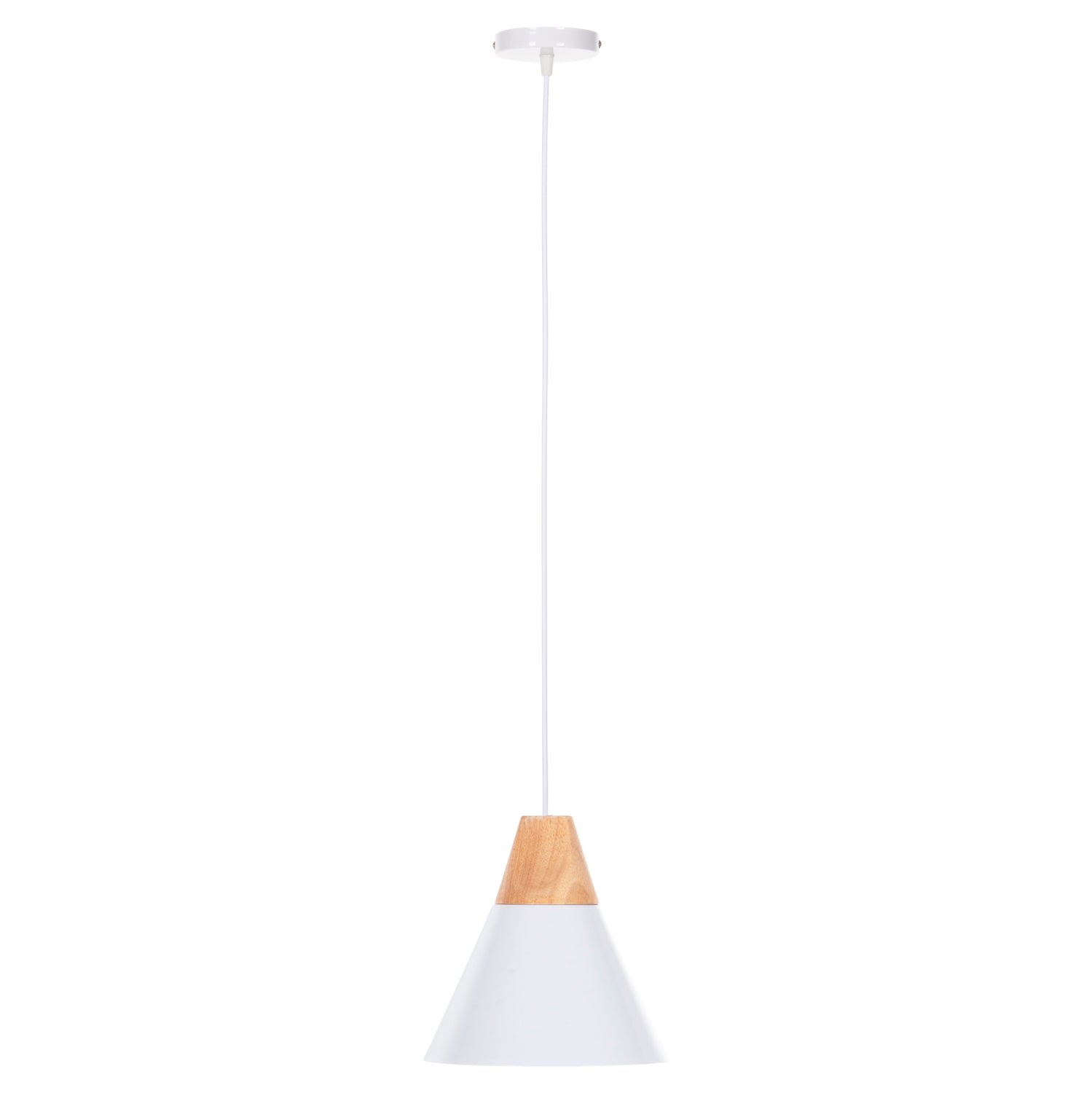 Пендел бял метален абажур с дървени детайли Φ22x115Hcm.