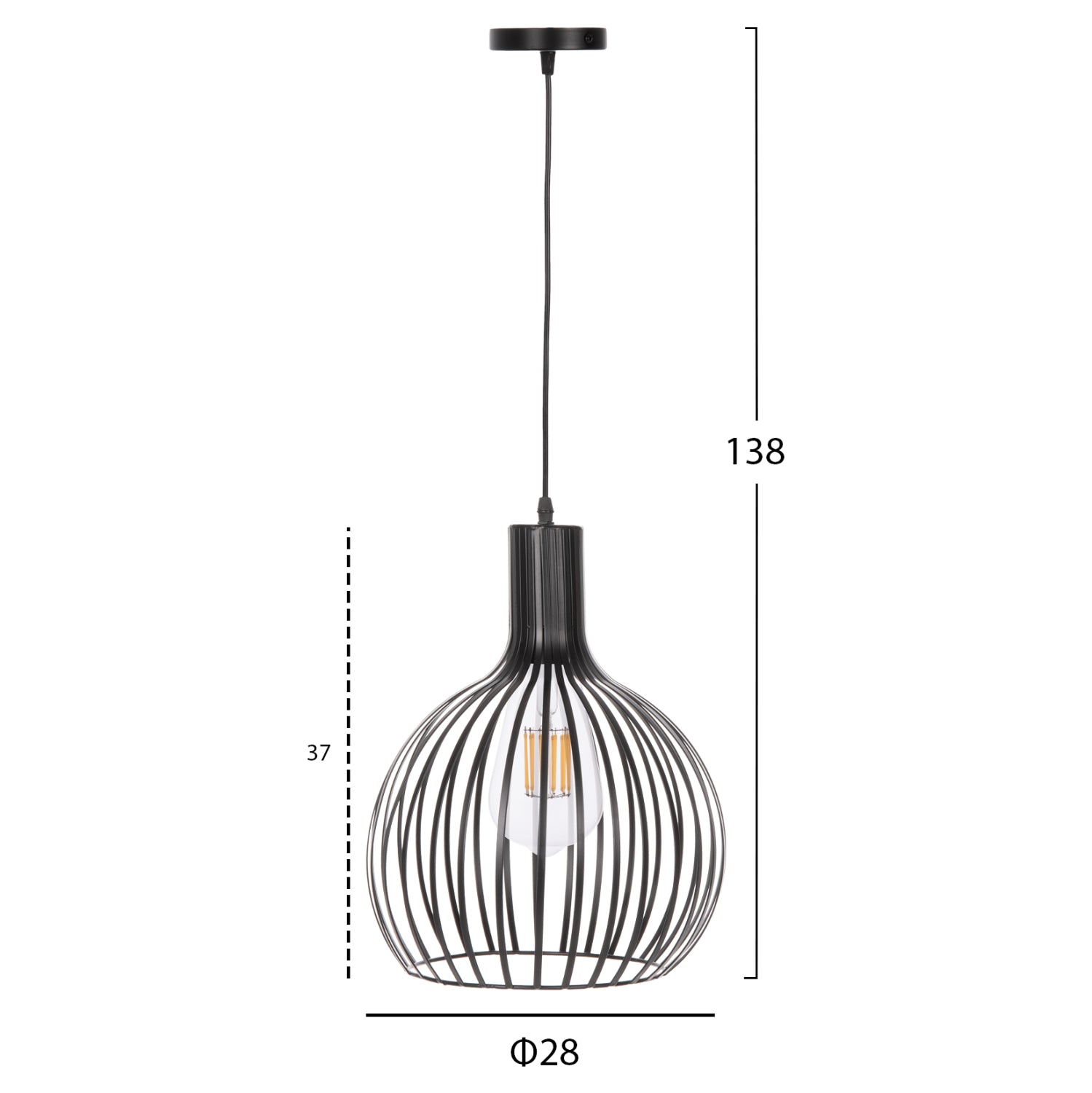 Пенделна лампа за таван черен метален абажур Φ28x138Hсм.