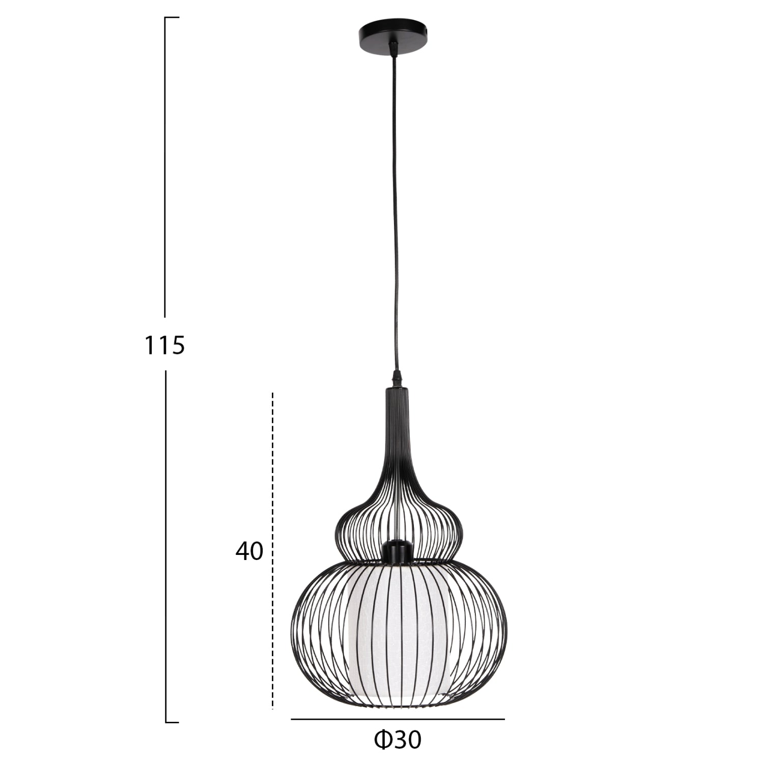 Пенделна лампа за таван черен метал с бяла платнена абажур Φ30x115H cm.