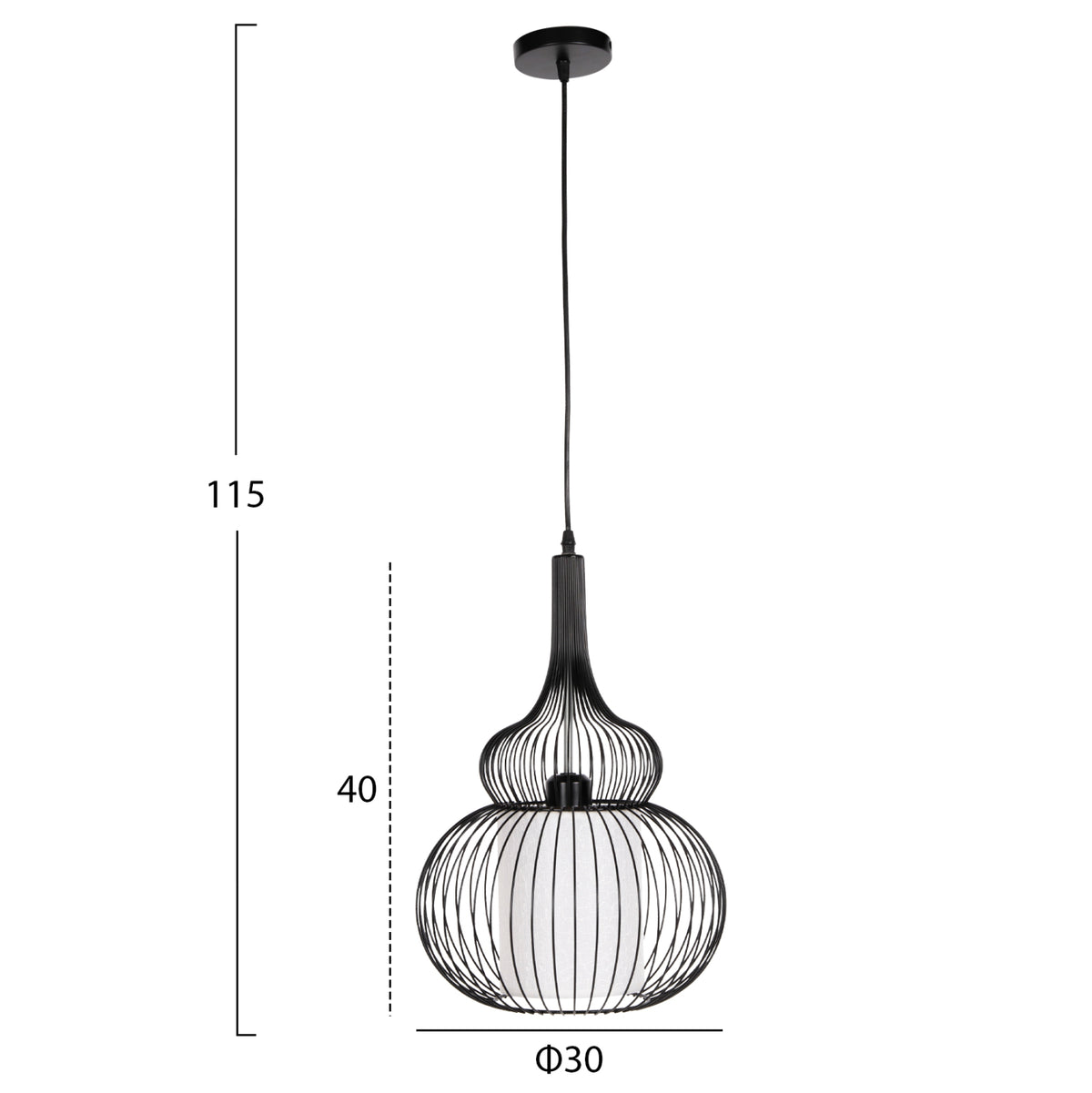 Пенделна лампа за таван черен метал с бяла платнена абажур Φ30x115H cm.