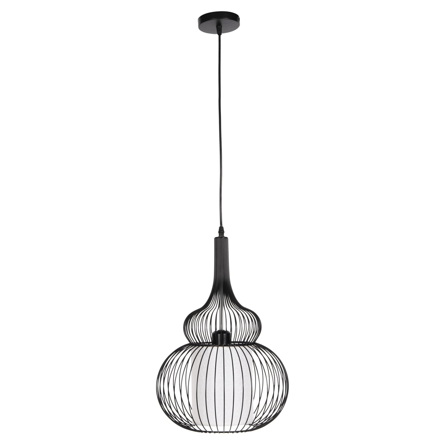 Пенделна лампа за таван черен метал с бяла платнена абажур Φ30x115H cm.