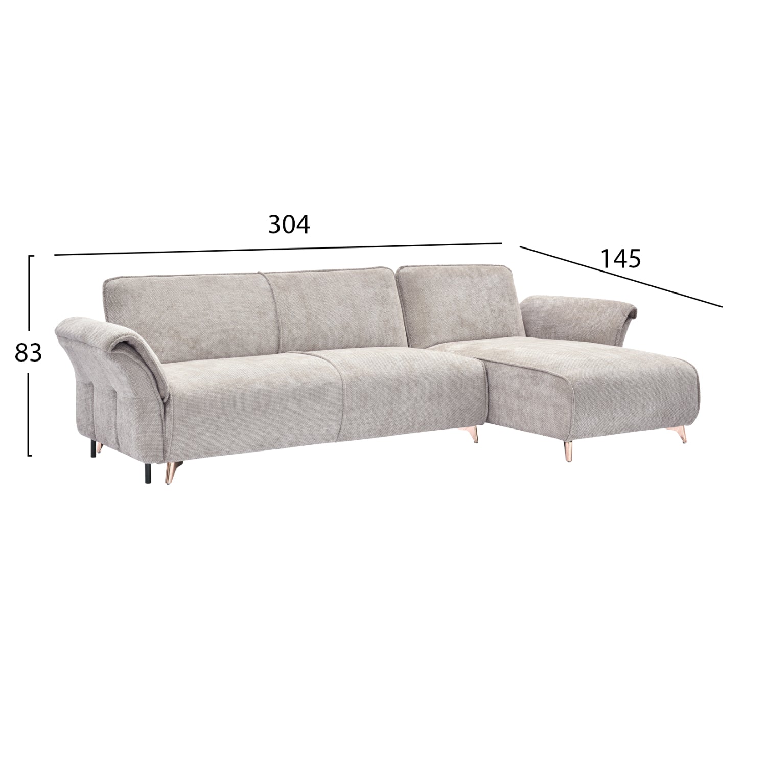 Ъглов разтегателен диван Рапало бежова материя - метални крака 300x150x80Hсм.