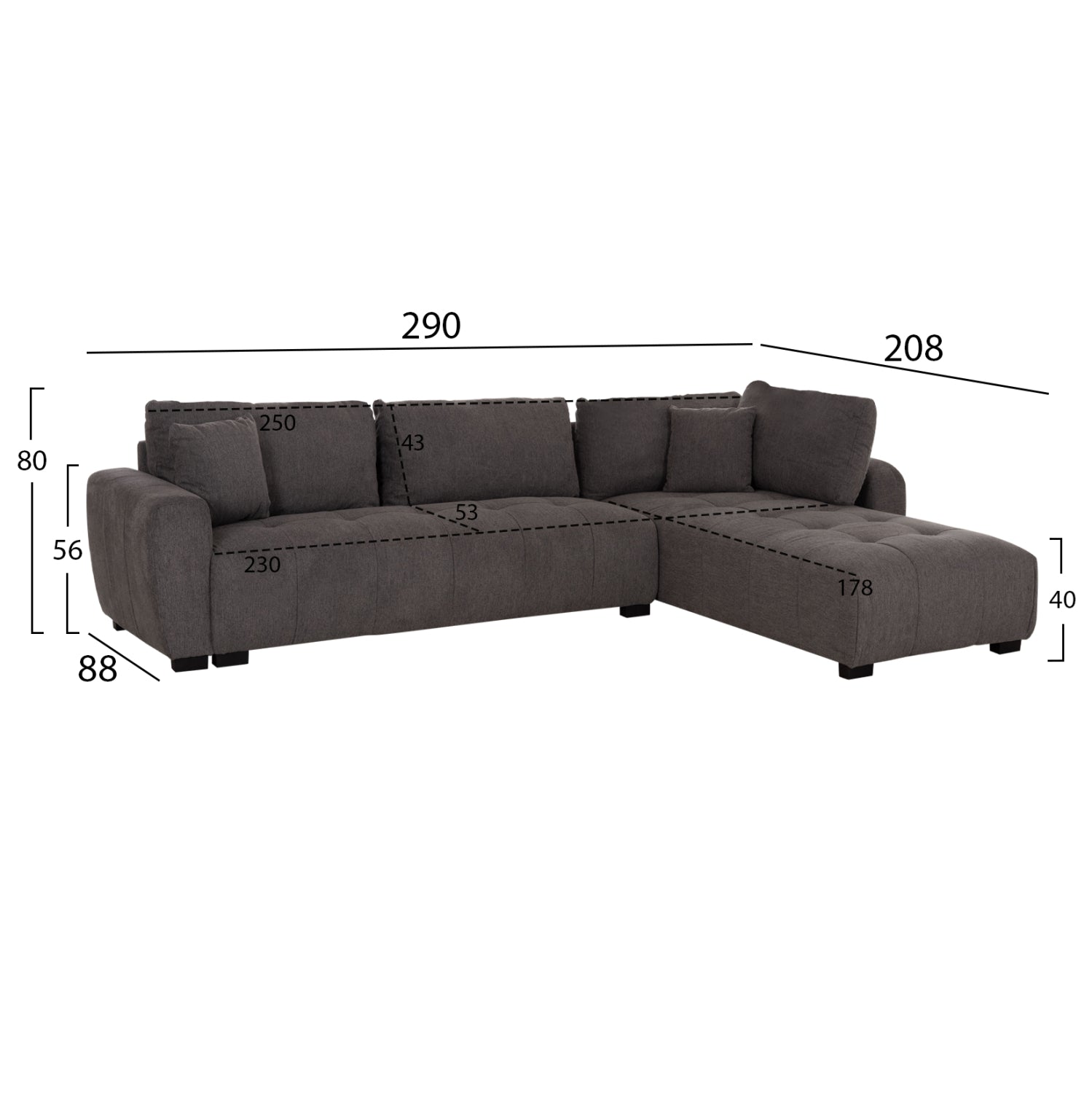 Ъглов диван REVERSIBLE MEDEL сив плат P.E. 290x208x80см