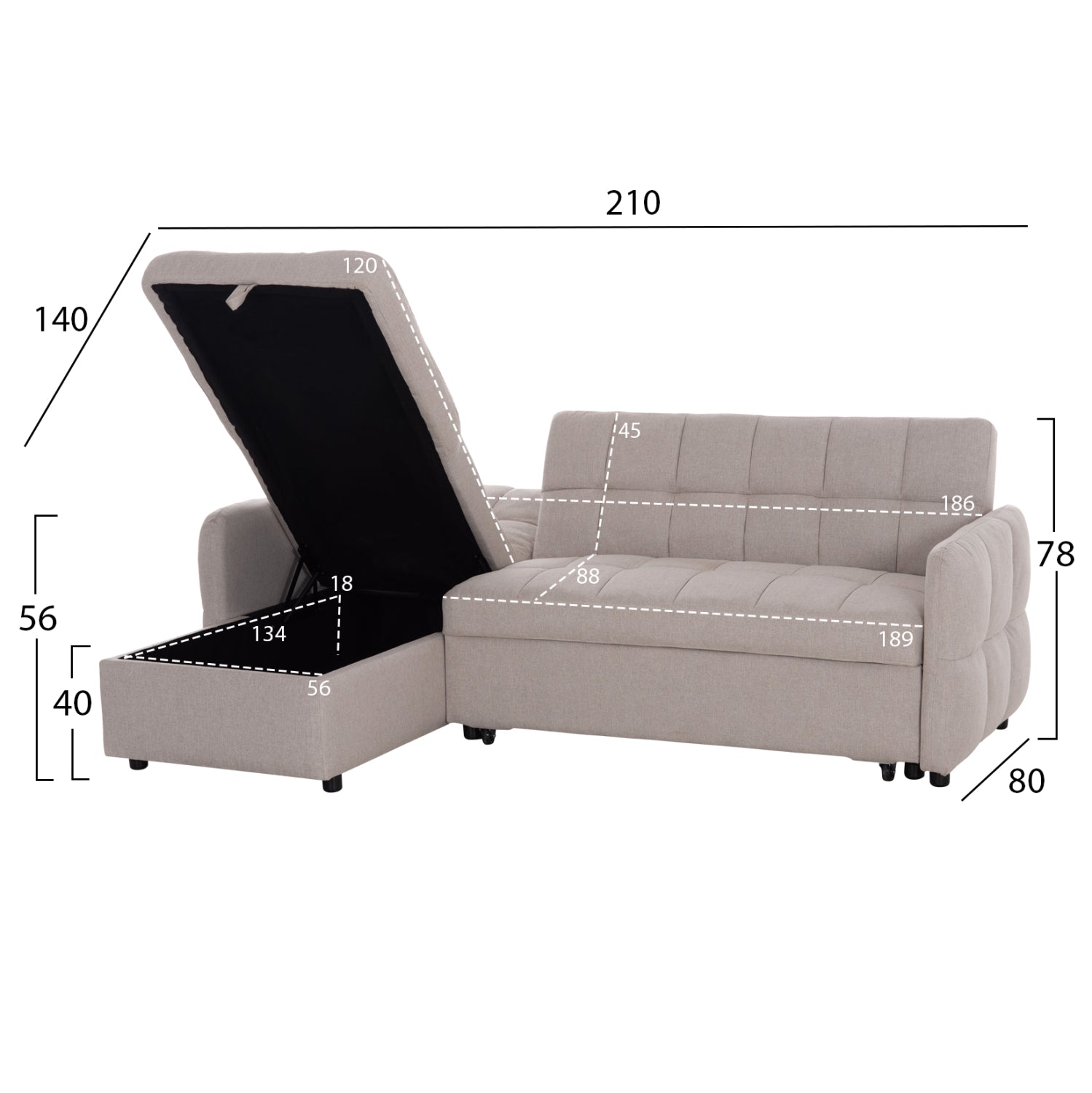 Ъглов разтегателен диван Десенцано бежова тъкан 210x140x78Hсм.