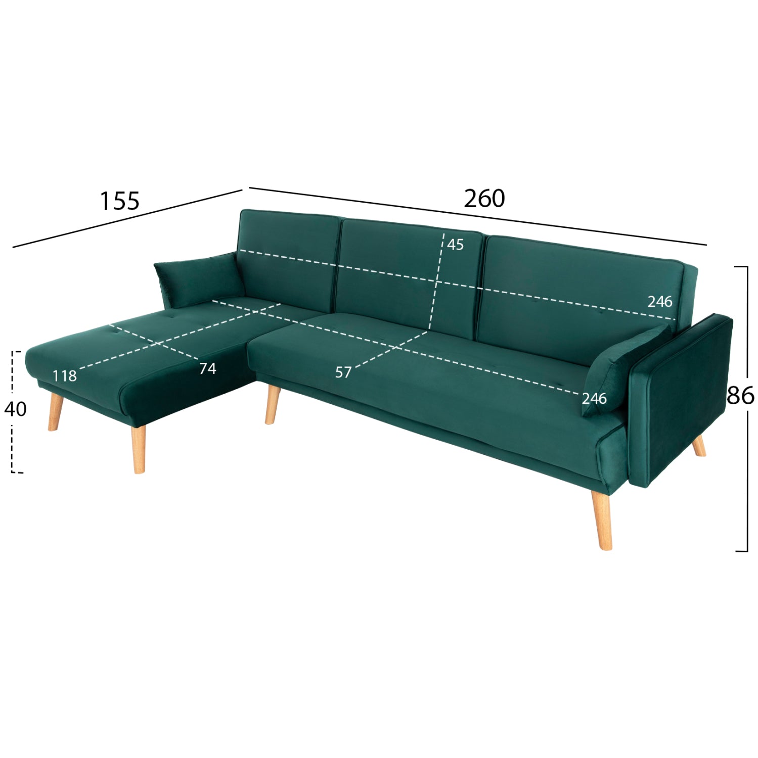 ЪГЛОВ ДИВАН ЛЕГЛО ОБРАТИМ Греве КИПАРИСОВО ЗЕЛЕН ВЕЛУР 260x155x86Hсм.