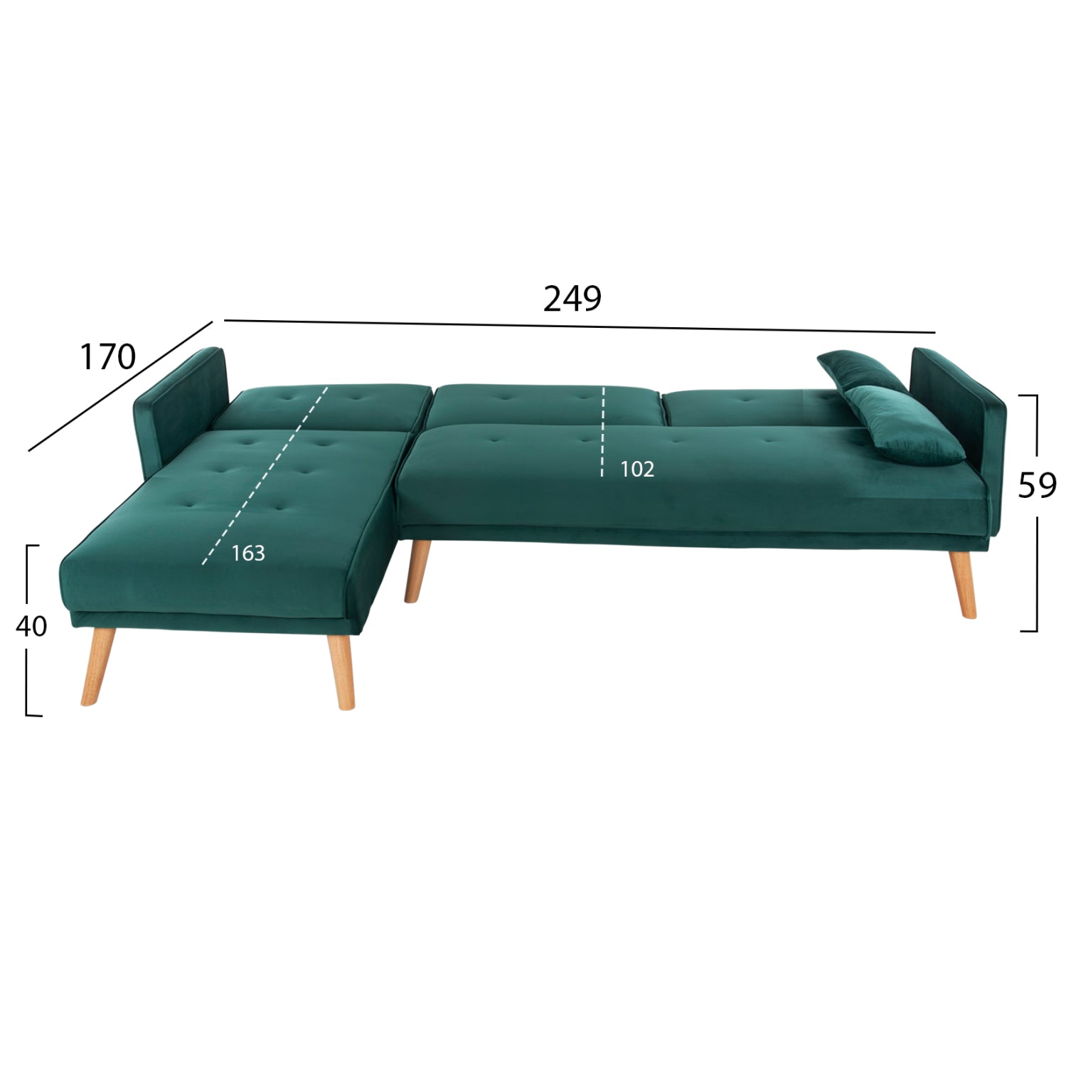 ЪГЛОВ ДИВАН ЛЕГЛО ОБРАТИМ Греве КИПАРИСОВО ЗЕЛЕН ВЕЛУР 260x155x86Hсм.