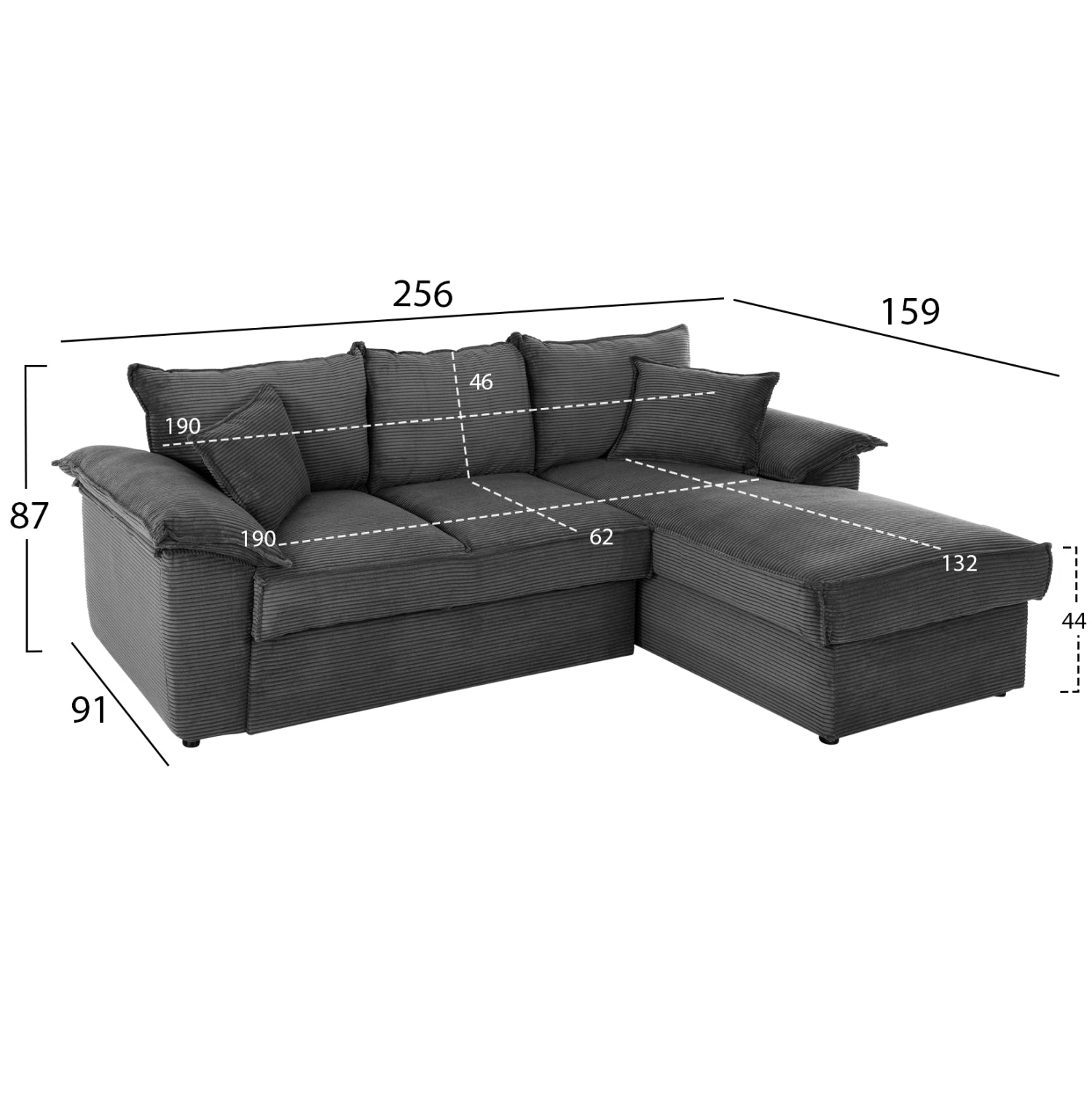 Ъглов диван с легло и ракла Леричи.02R антрацитена тъкан 256x91-159x87Hсм.