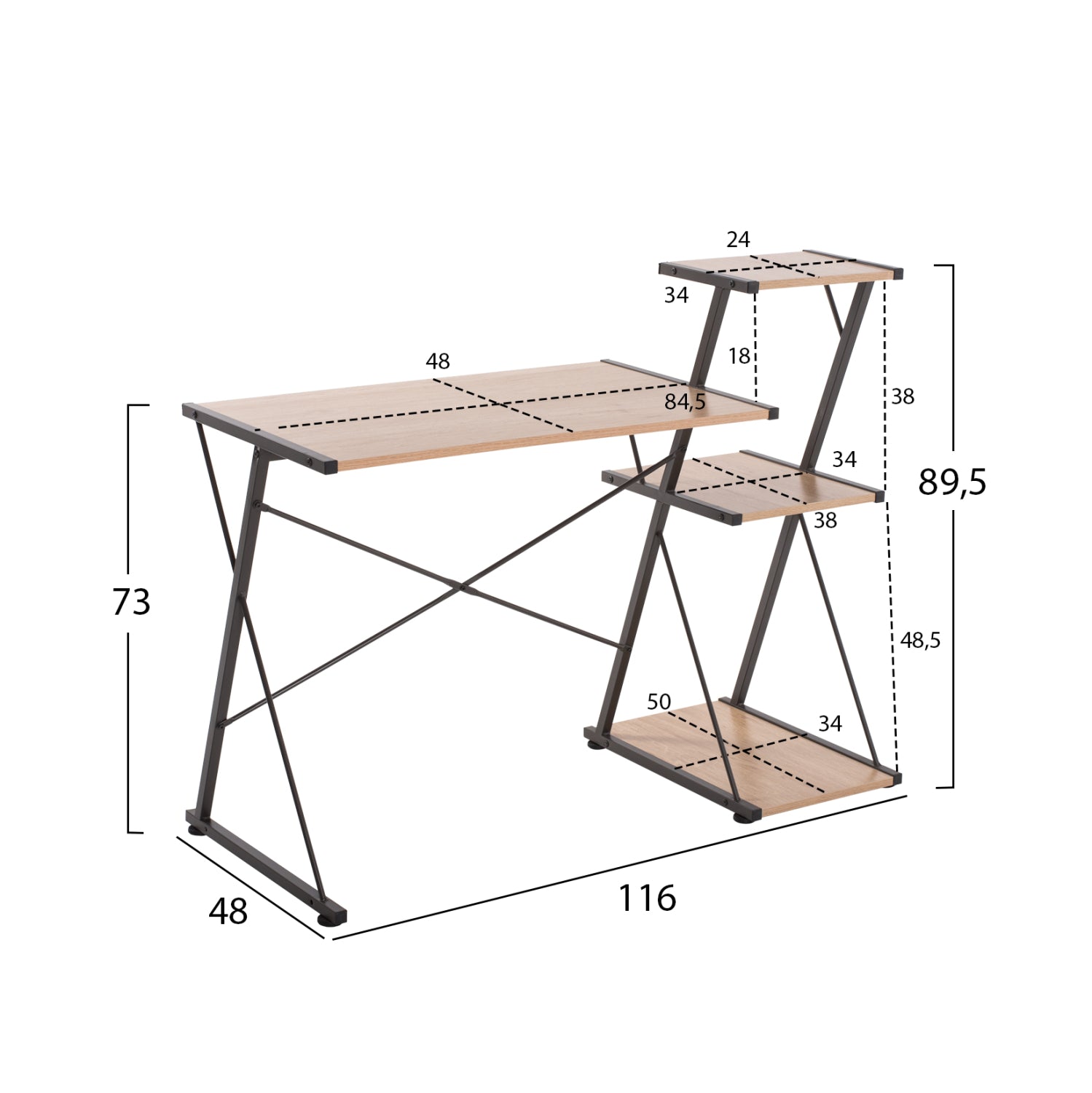 БЮРО NOREX МЕТАЛИК ЧЕРНО С МДФ ПЛОТ ЦВЯТ ДЪБ 116X48X89,5Hсм.