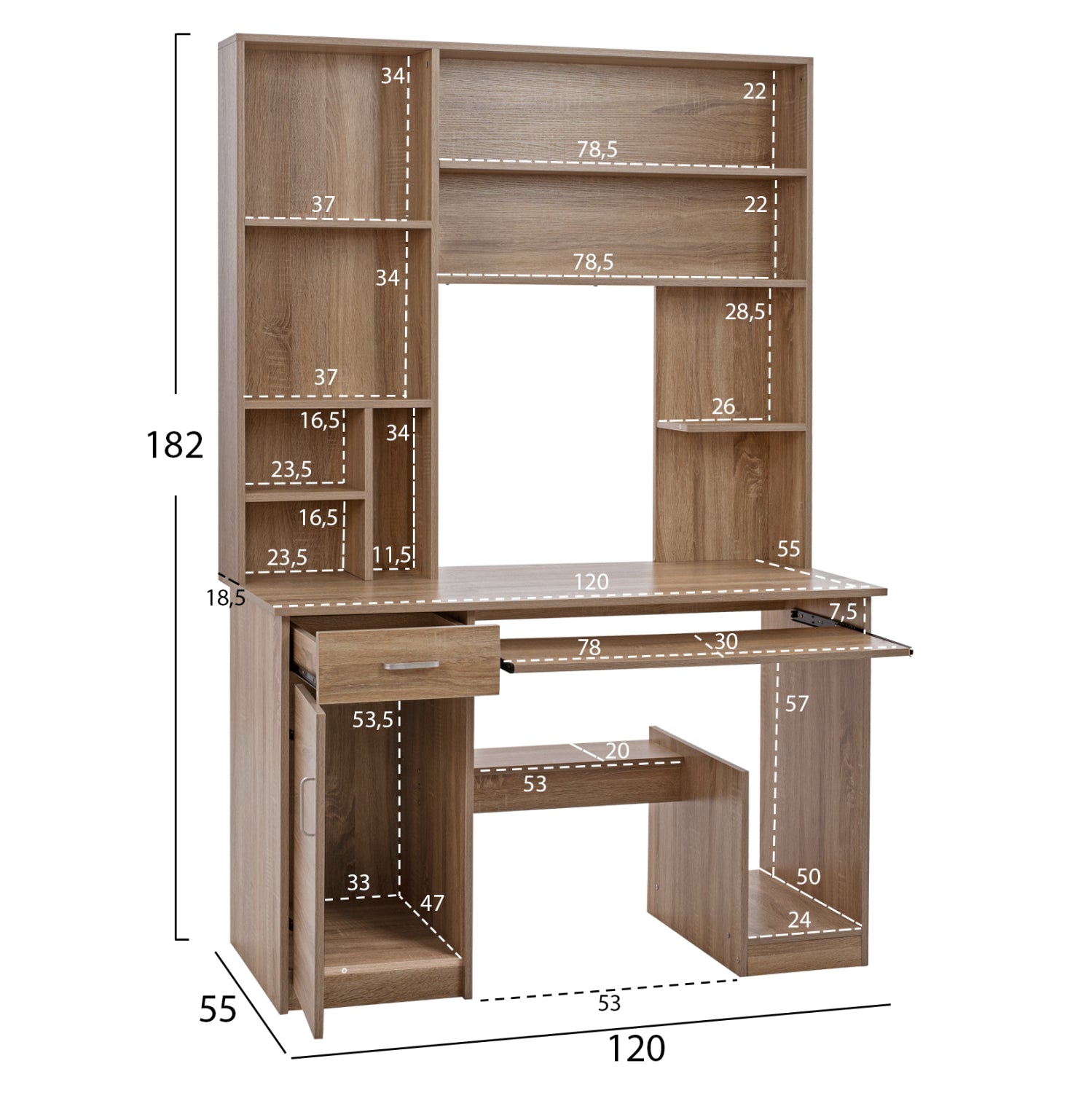 Бюро STATUS с библиотека-рафтове, сонома, 120x55x182