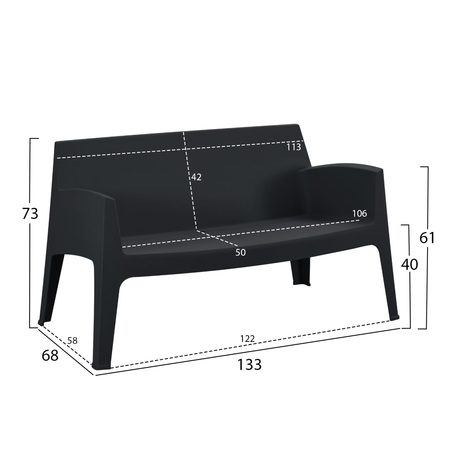 Полипропиленов двуместен диван SLEEK черен 133x68x73см