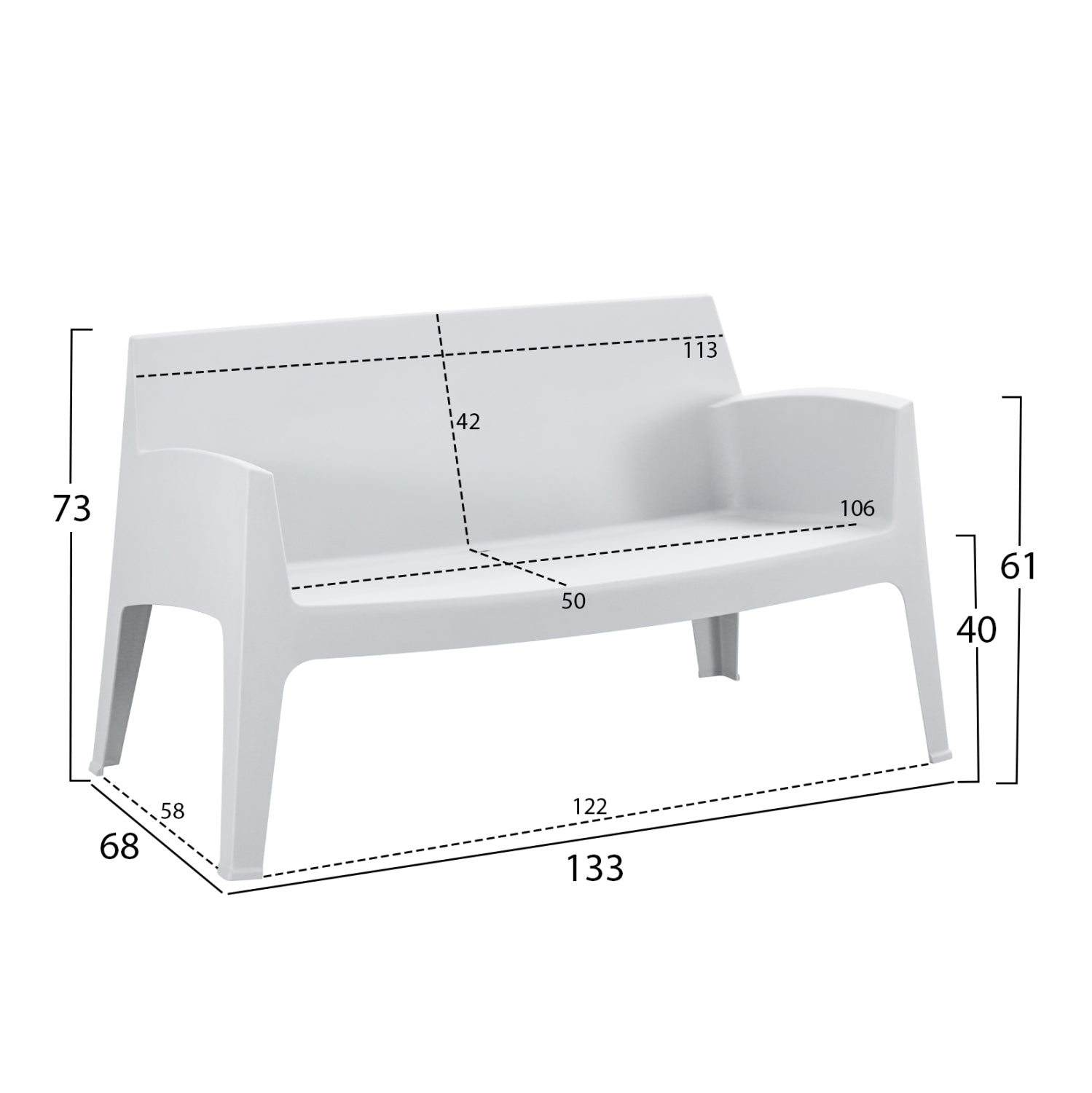 Полипропиленов двуместен диван SLEEK бял 133x68x73см