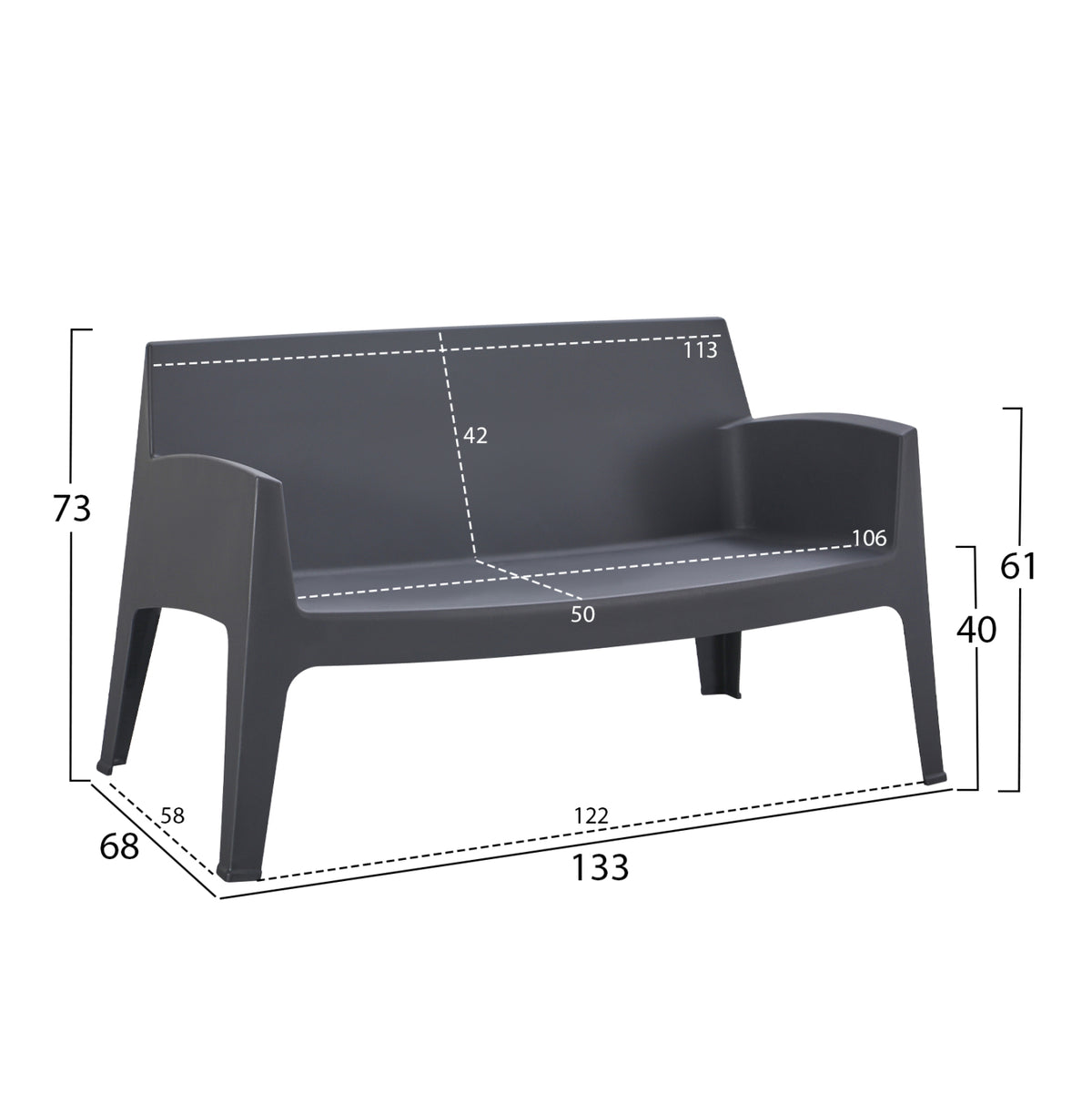Полипропиленов двуместен диван SLEEK сив 133x68x73см