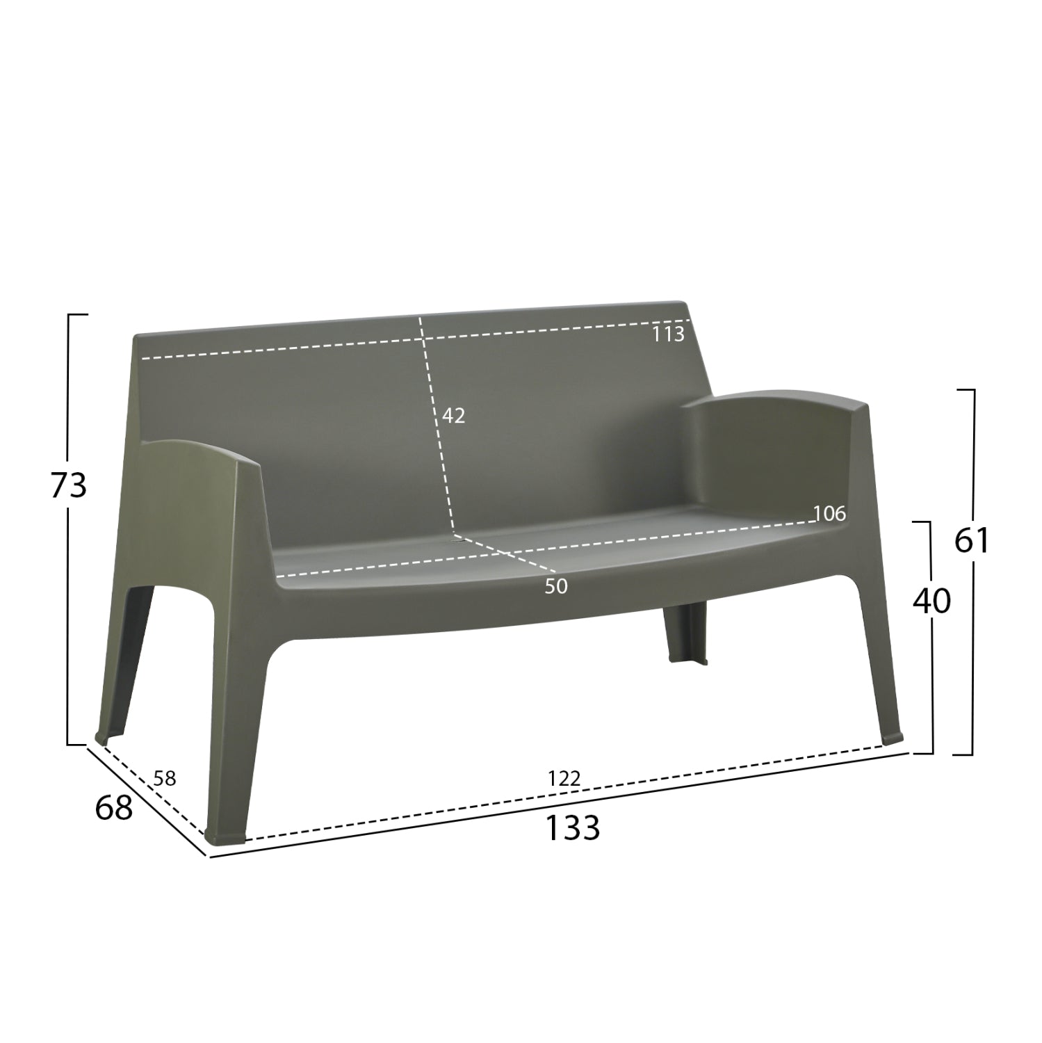 Полипропиленов двуместен диван SLEEK тъмнозелен 133x68x73см