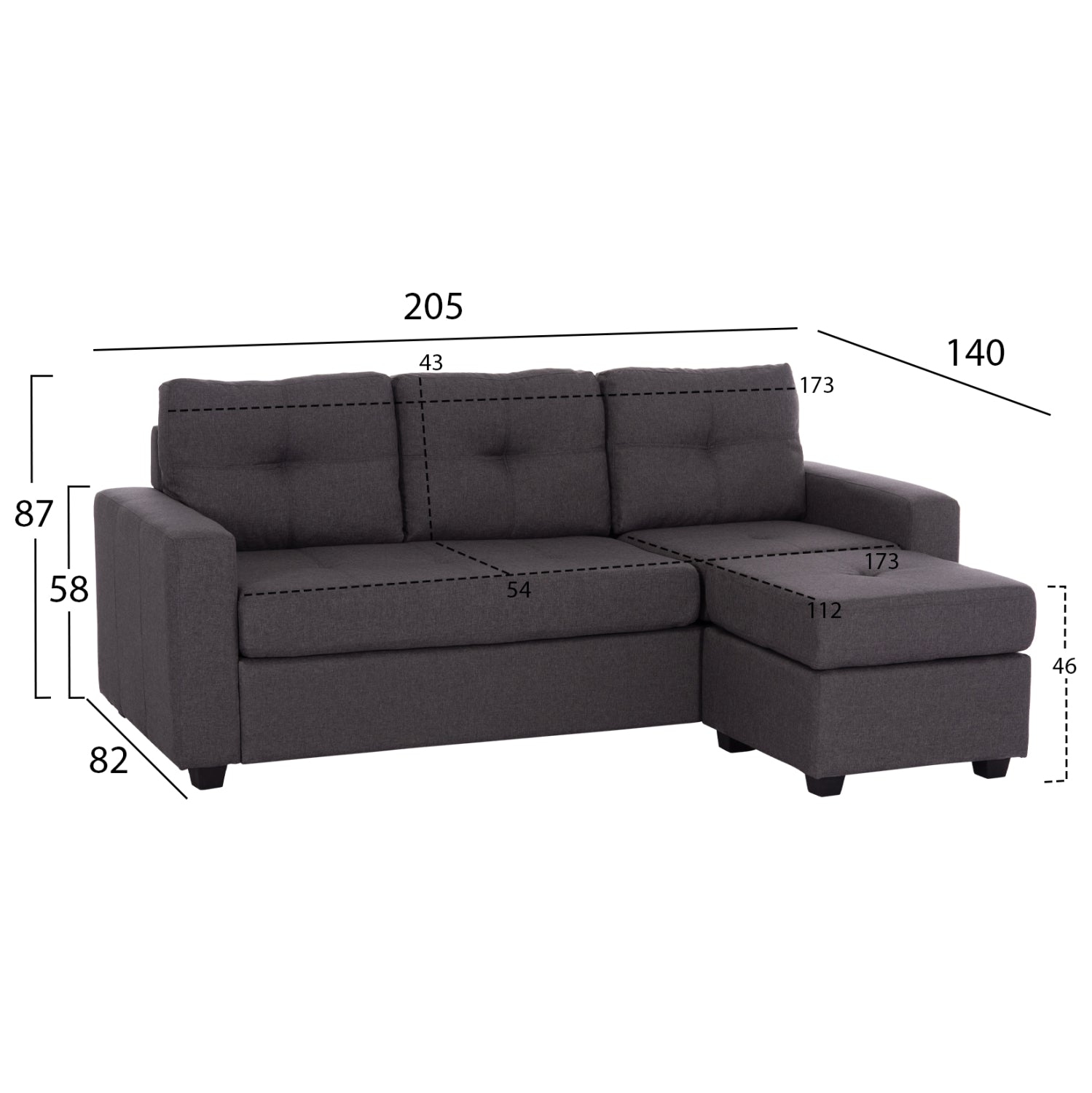 Двулицев ъглов диван сив плат 205x82-140x87H см