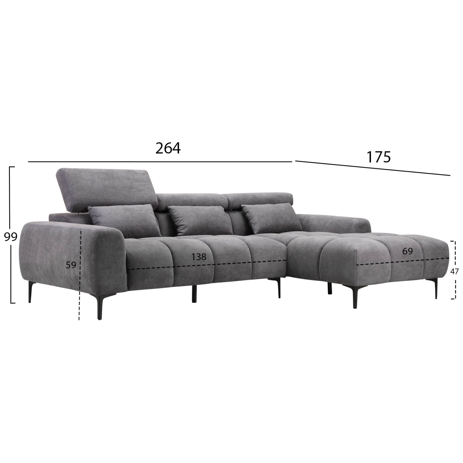 Ъглов диван дясна част Прайано.12R сив плат 264x175x99Hсм