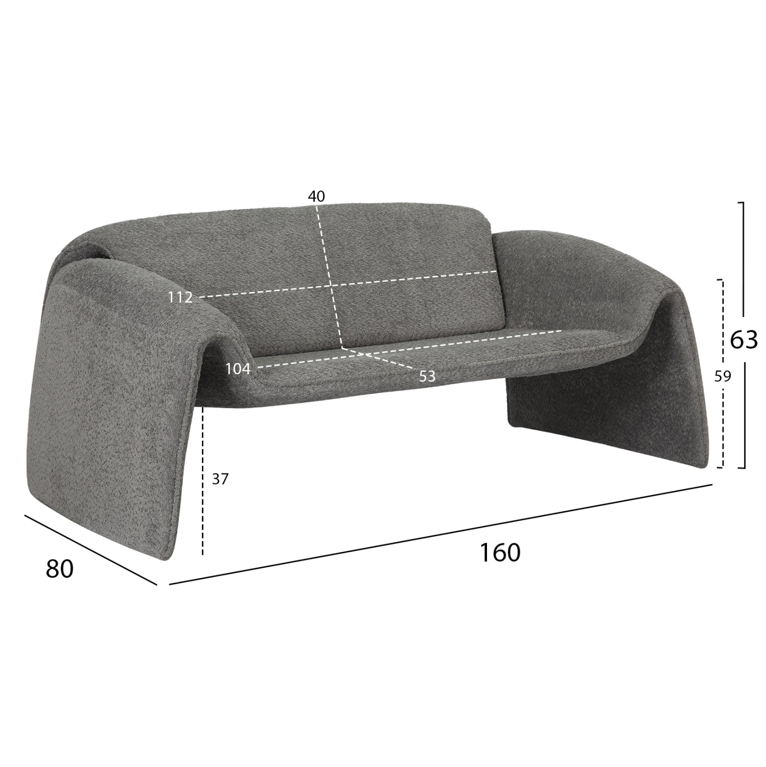 ДИВАН 2-МЕСТЕН Биела МЕТАЛНА РАМКА-СИВ БУКЛЕ ПЛАТ 160x80x63Hcm.