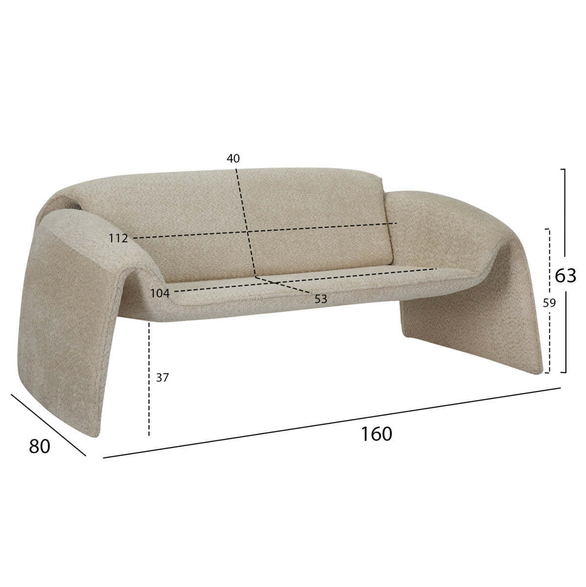 ДИВАН 2-МЕСТЕН Биела МЕТАЛНА РАМКА-БЕЖОВ БУКЛЕ ПЛАТ 160x80x63Hcm.