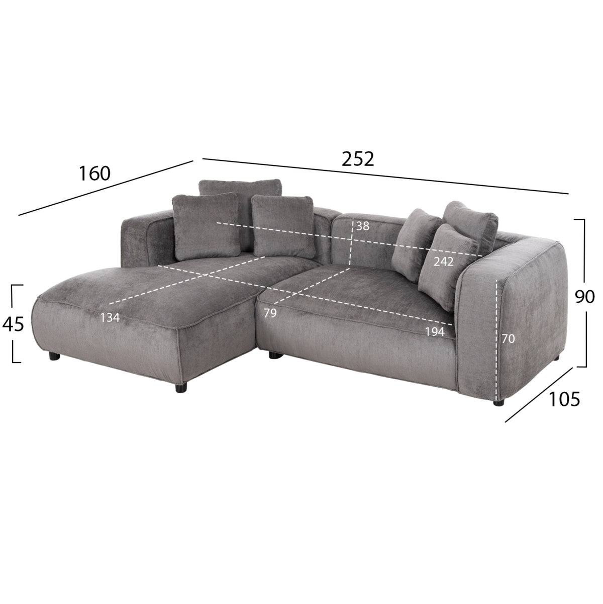 Ъглов диван (ляв) 3-местен Волтера.03L сива тъкан 252x105-160x70-90Hсм.