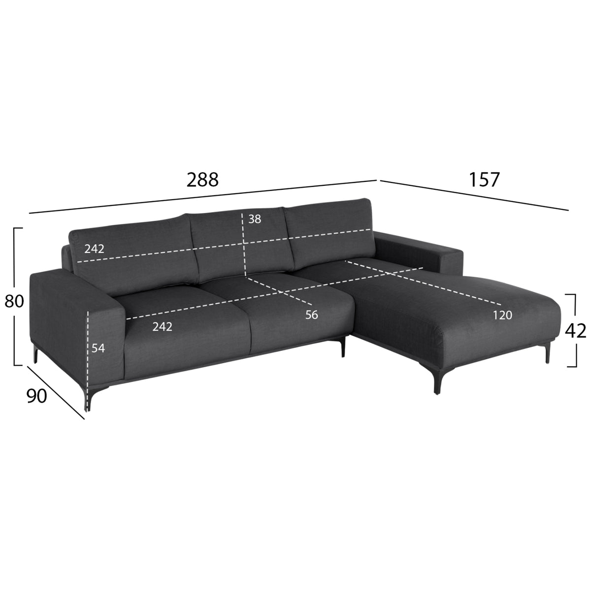 Ъглов диван (десен) NOA.02R антрацитова тъкан 288x90-157x67-80Hсм.
