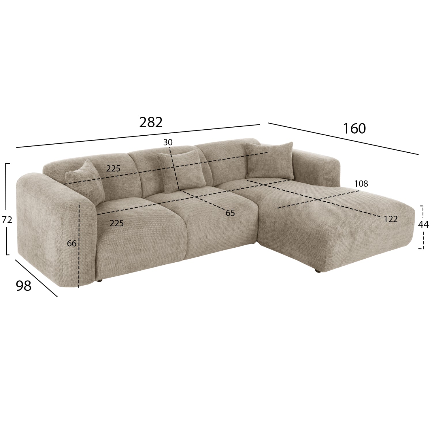 Ъглов диван Орбетело.01R бежова тъкан 110-282x98-160x72Hсм.