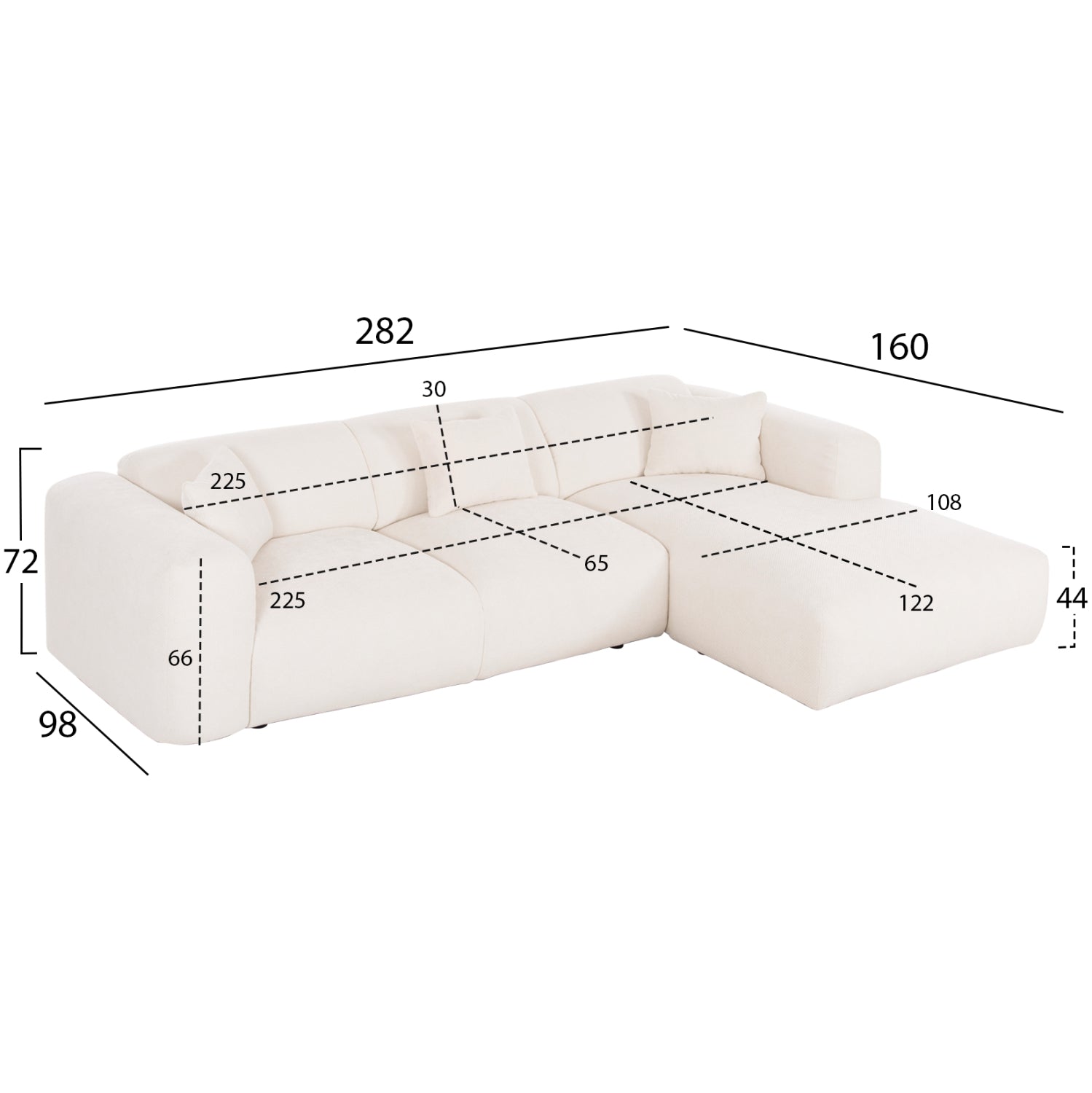 Ъглов диван Орбетело.02R бяла тъкан 110-282x98-160x72Hсм.