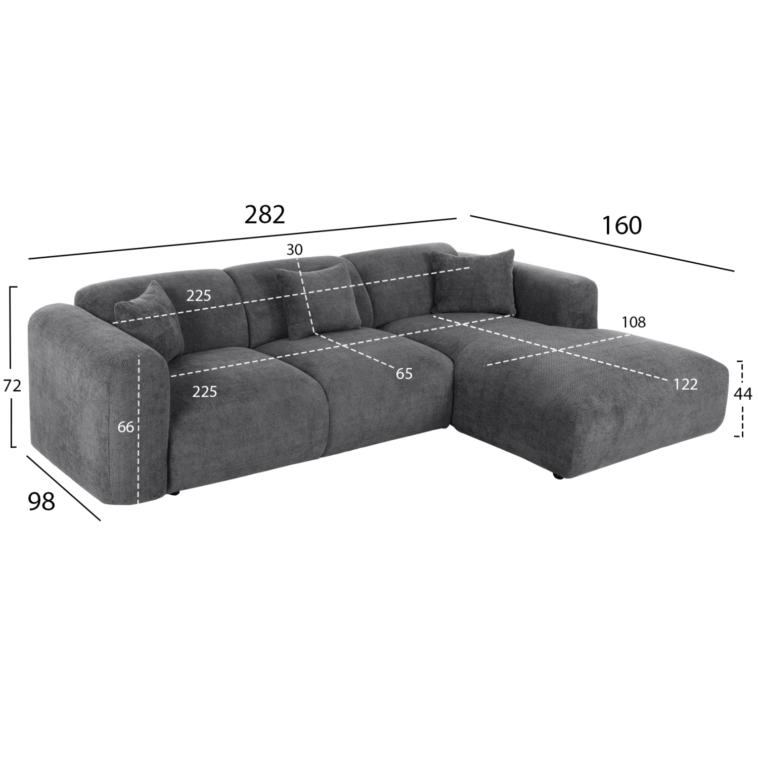 Ъглов диван Орбетело.04R антрацитова тъкан 110-282x98-160x72Hсм.