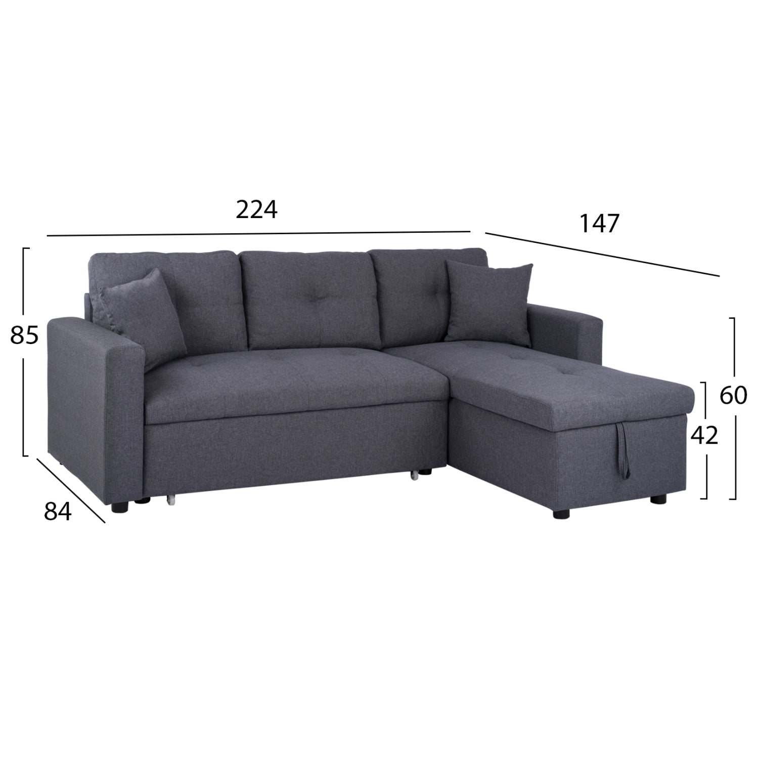 Ъглов диван легло Белано 224x147x85 Сива тъкан