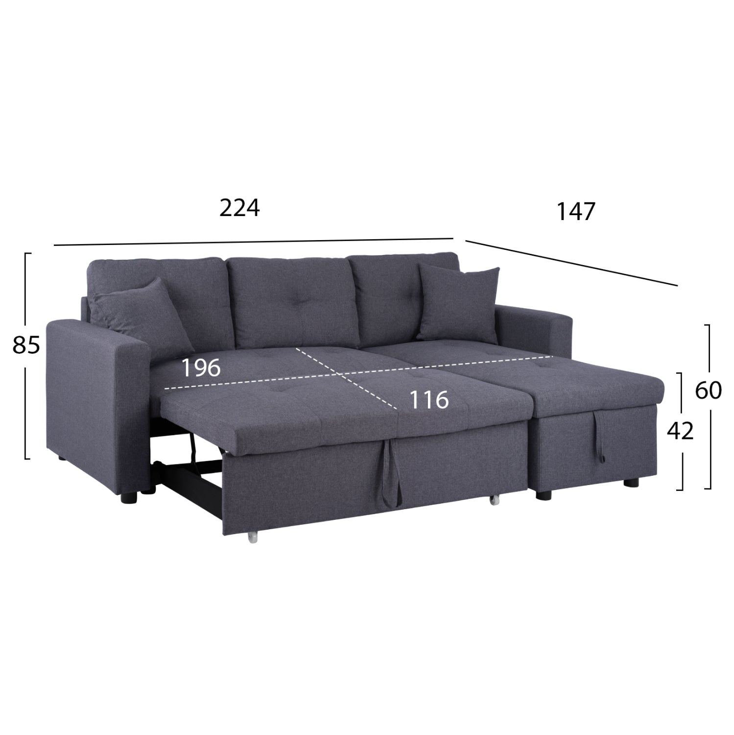 Ъглов диван легло Белано 224x147x85 Сива тъкан