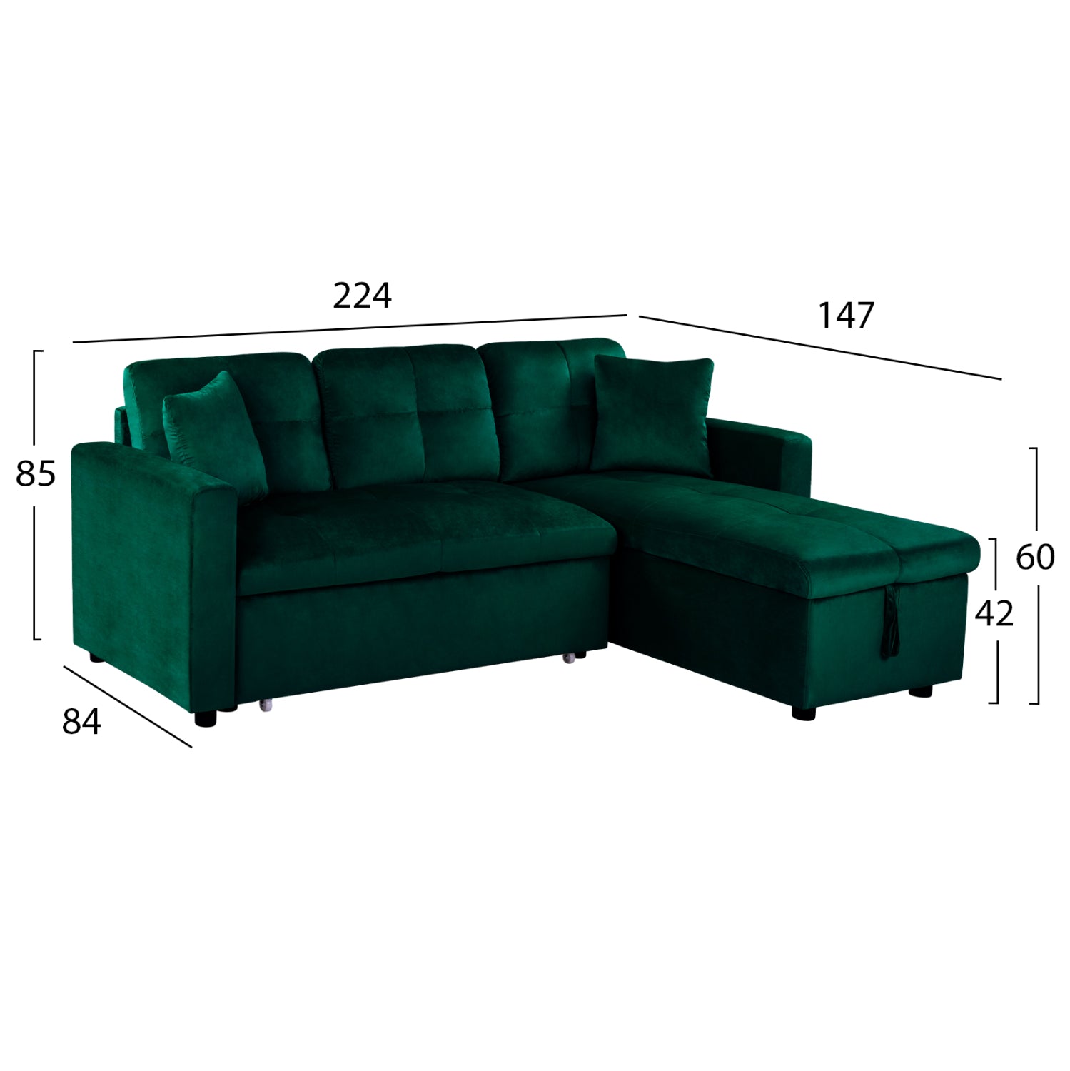 Ъглов диван легло Белано 224x147x85 Кипарис зелена кадифе