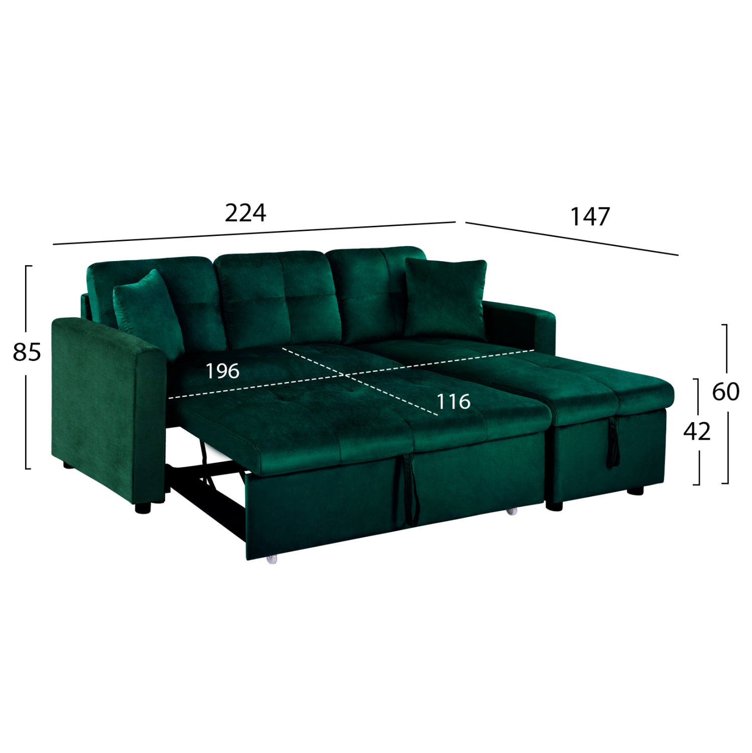 Ъглов диван легло Белано 224x147x85 Кипарис зелена кадифе