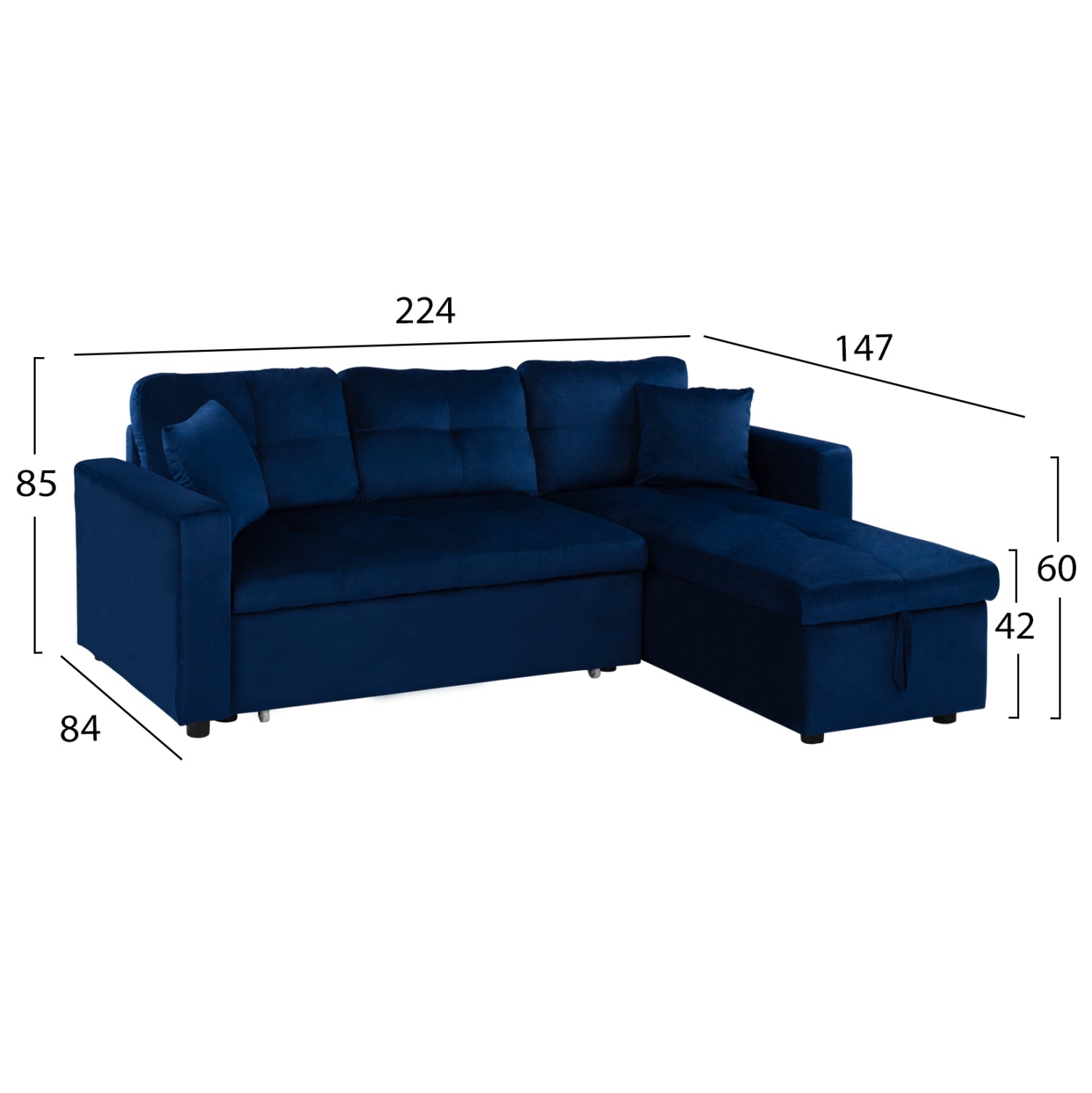 Ъглов диван легло Белано 224x147x85 кадифе син