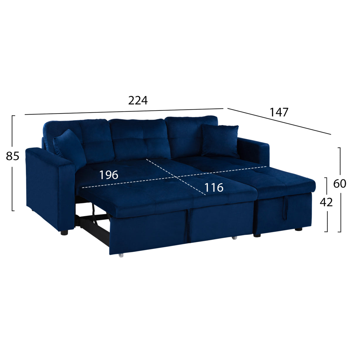 Ъглов диван легло Белано 224x147x85 кадифе син