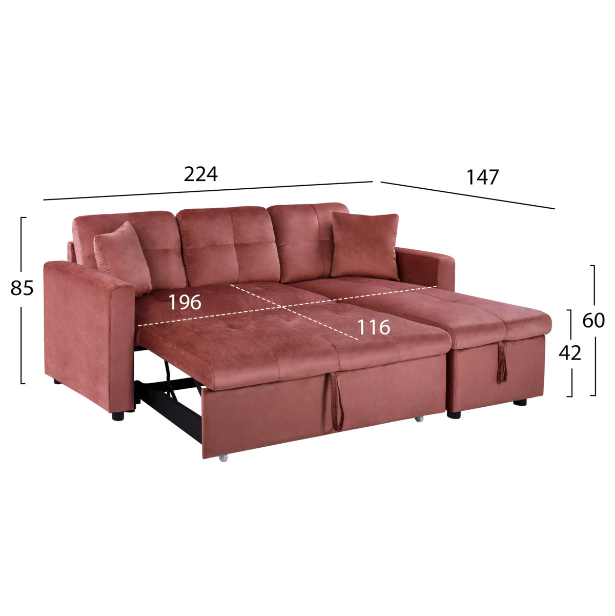 ЪГЛОВ ДИВАН ЛЕГЛО КАДИФЕ ПРАШНО РОЗОВ Белано 224x147x85см.