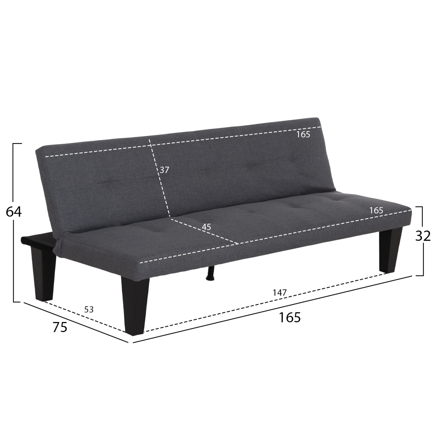 Диван с функция сън за двама Абано сив PU кожа 165x75x64Hсм.