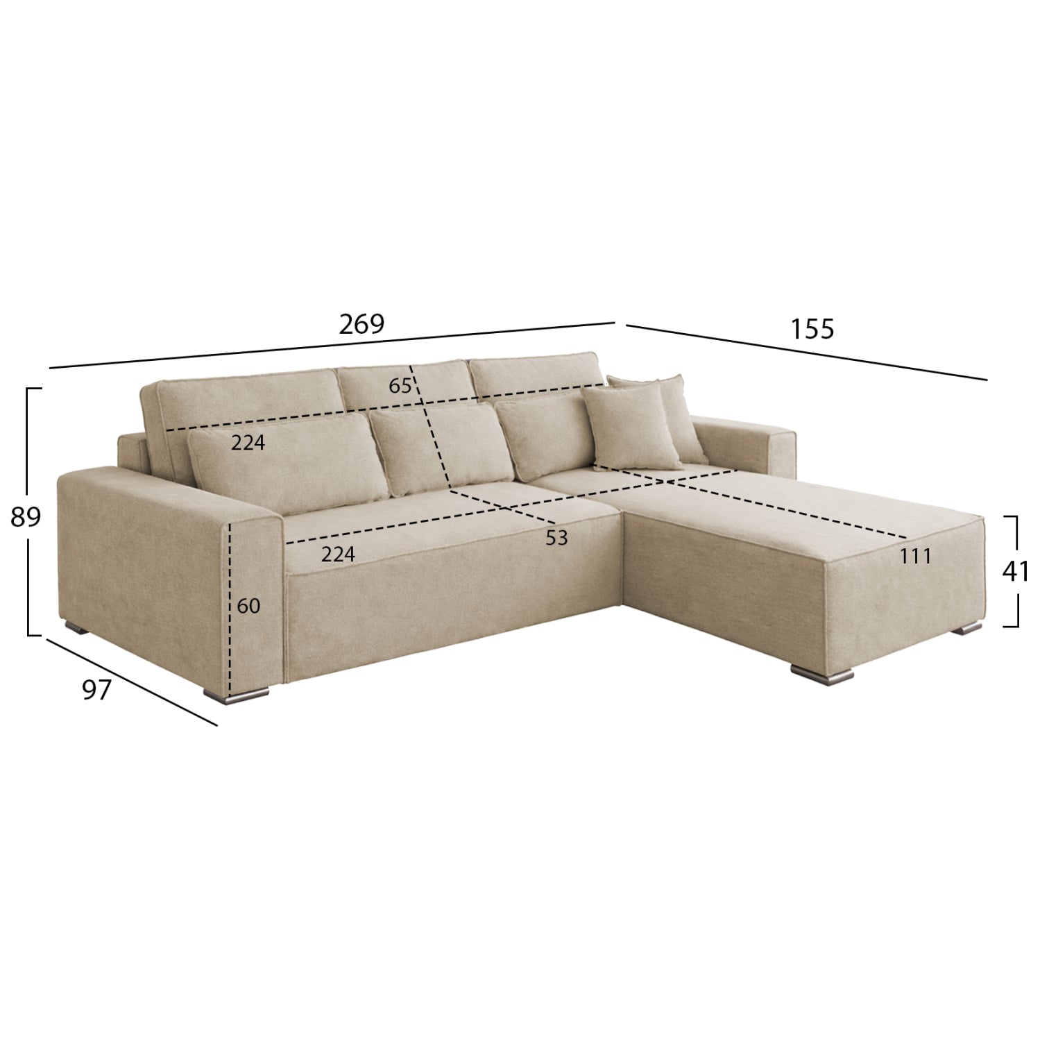 Двулицев ъглов диван с функция сън CORNERA бежов плат 269x155x89Hсм.