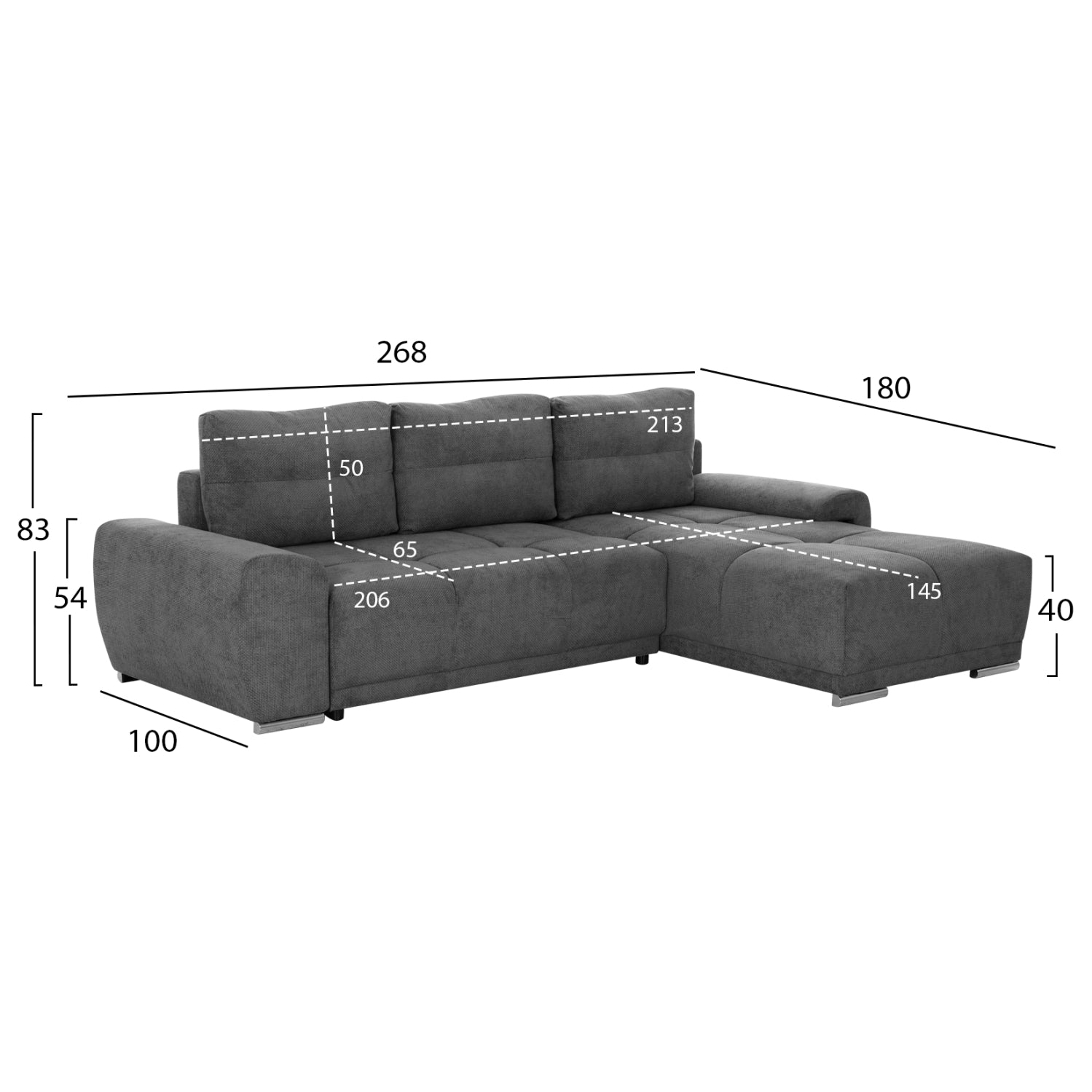 Ъглов диван с функция сън десен Сатурния.01R сив плат 270x181x75Hсм.