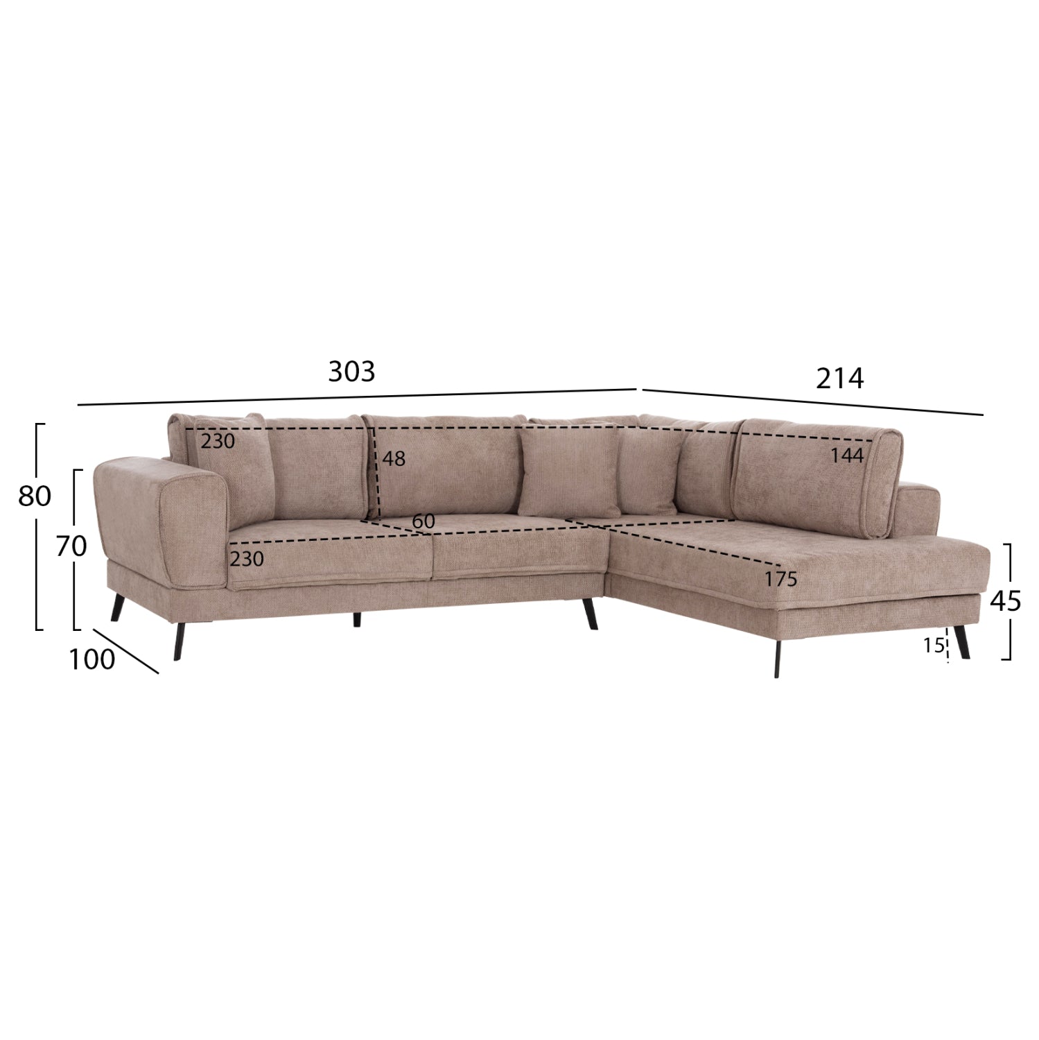 Ъглов диван с функция сън (десен) Гардоне.03R бежов плат 303x214x80Hсм.